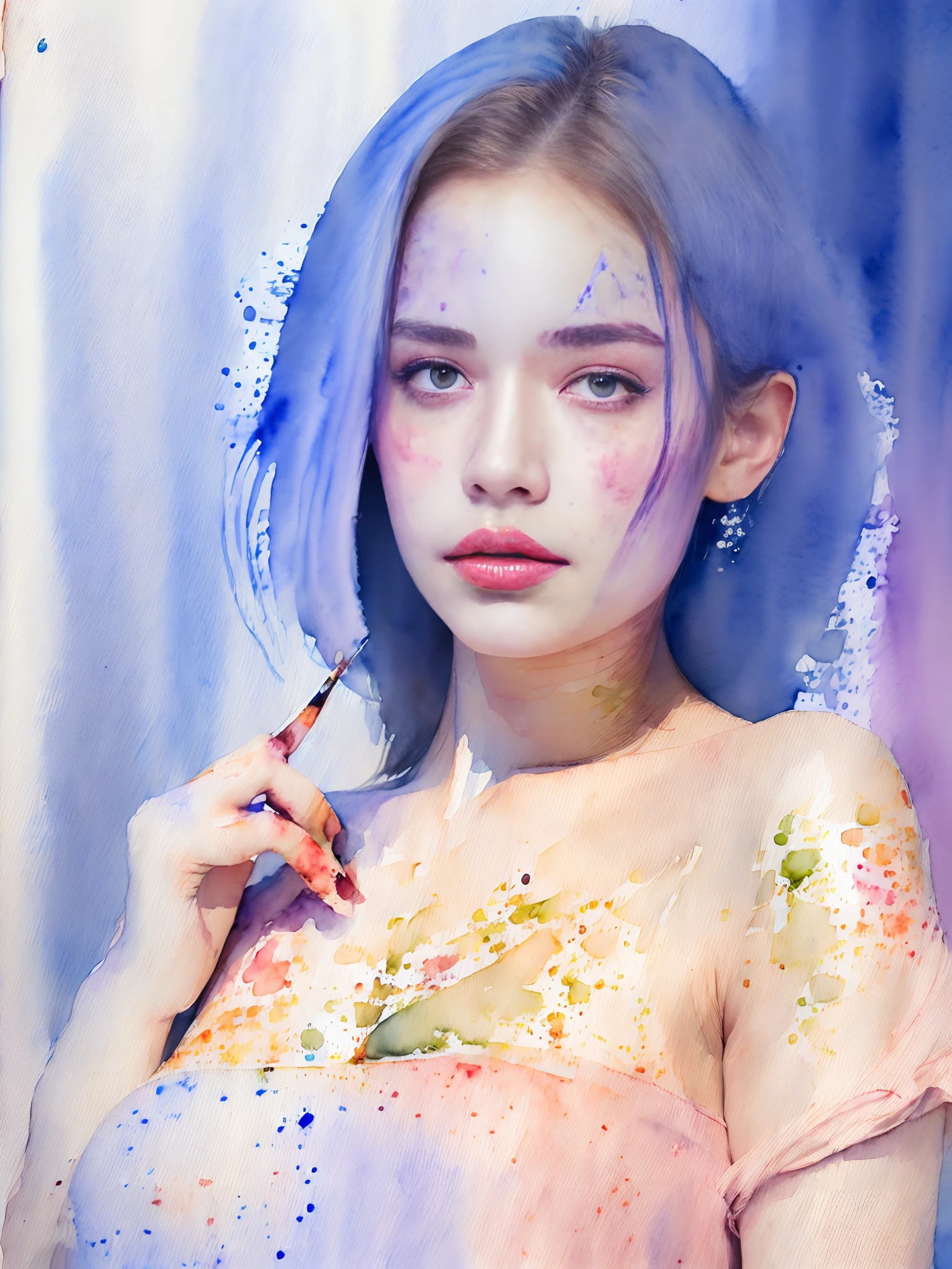 (Watercolor style:1.85),Young Sensual Gravure Idol、beautiful girls face、Young cute gravure idol、奈良美智、Young Gravure Idol、If々Japan Girl、Close up of Rain Iwakura、Pull Shorthair、Photos taken with Sony A7R,undergarment:1.3,(huge-breasted:1.1),((Top image quality、8K、masuter piece、:1.3))、Super fine face、Ultra Fine Lips、Fine Eye、二重まぶた、full body Esbian、Ultra-fine lips、Breakdown、二重まぶた:1.2(Photorealsitic、Raw photography、top-quality:1.4)、Al Eyes、beautidful eyes、(real looking skin)、Beautiful skin、The ultra -The high-definition、the golden ratio、(1 girl in)、