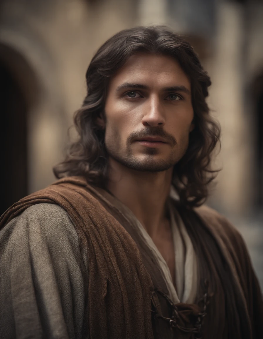 Cinematic portrait, upper body, face, facing the audience, (Reality :1.3), one of the most beautiful artworks in the world, a man looks into the camera, medieval costumes, (old clothes damaged and weathered :1.4), detailed beautiful face, action shooting, ancient city background, realistic photos, CG, Art Station