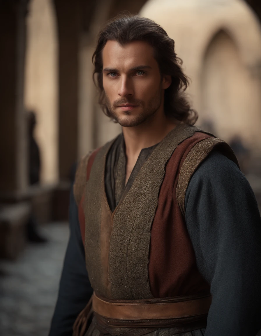 Cinematic portrait, upper body, face, facing the audience, (Reality :1.3), one of the most beautiful artworks in the world, a man looks into the camera, medieval costumes, (old clothes damaged and weathered :1.4), detailed beautiful face, action shooting, ancient city background, realistic photos, CG, Art Station