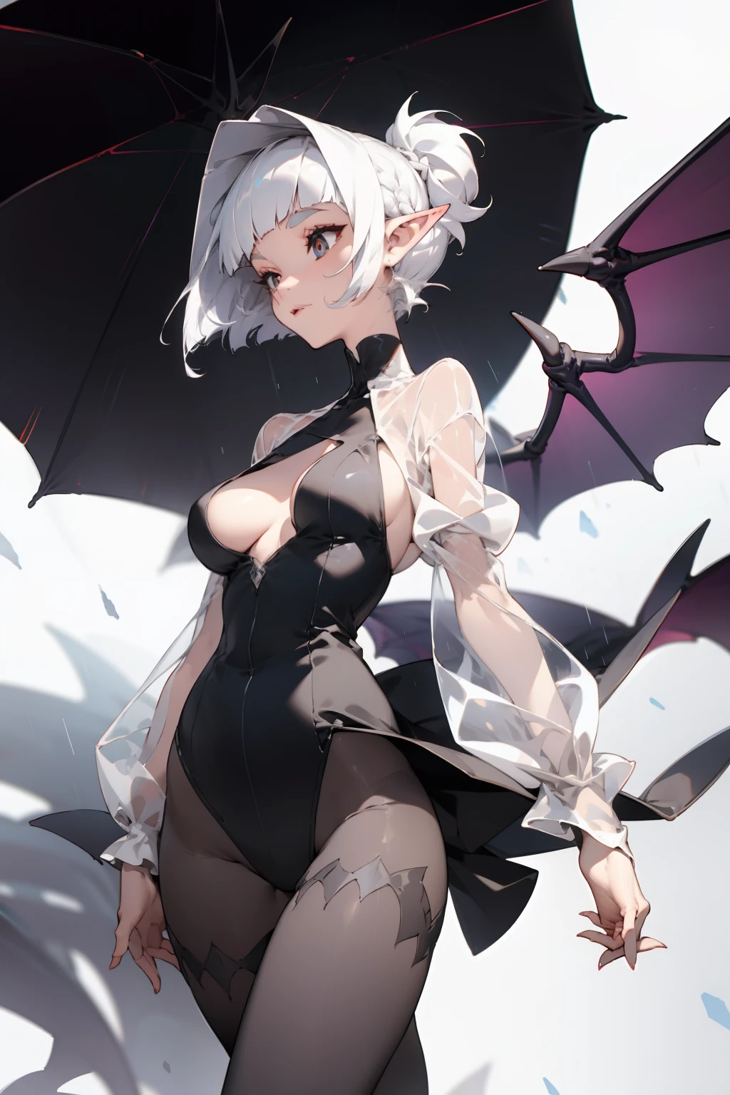 pointy ears，White color hair，Bigboobs，Two legs（Princess cut hairstyle），short detailed hair，Sideburns have long hair，succubi，have demon wings，upper legs，see-through raincoat，Waistless tights