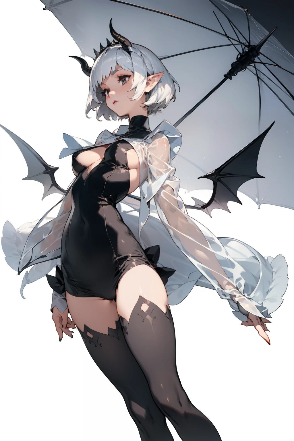 pointy ears，White color hair，Bigboobs，Two legs（Princess cut hairstyle），short detailed hair，Sideburns have long hair，succubi，have demon wings，upper legs，see-through raincoat，Waistless tights