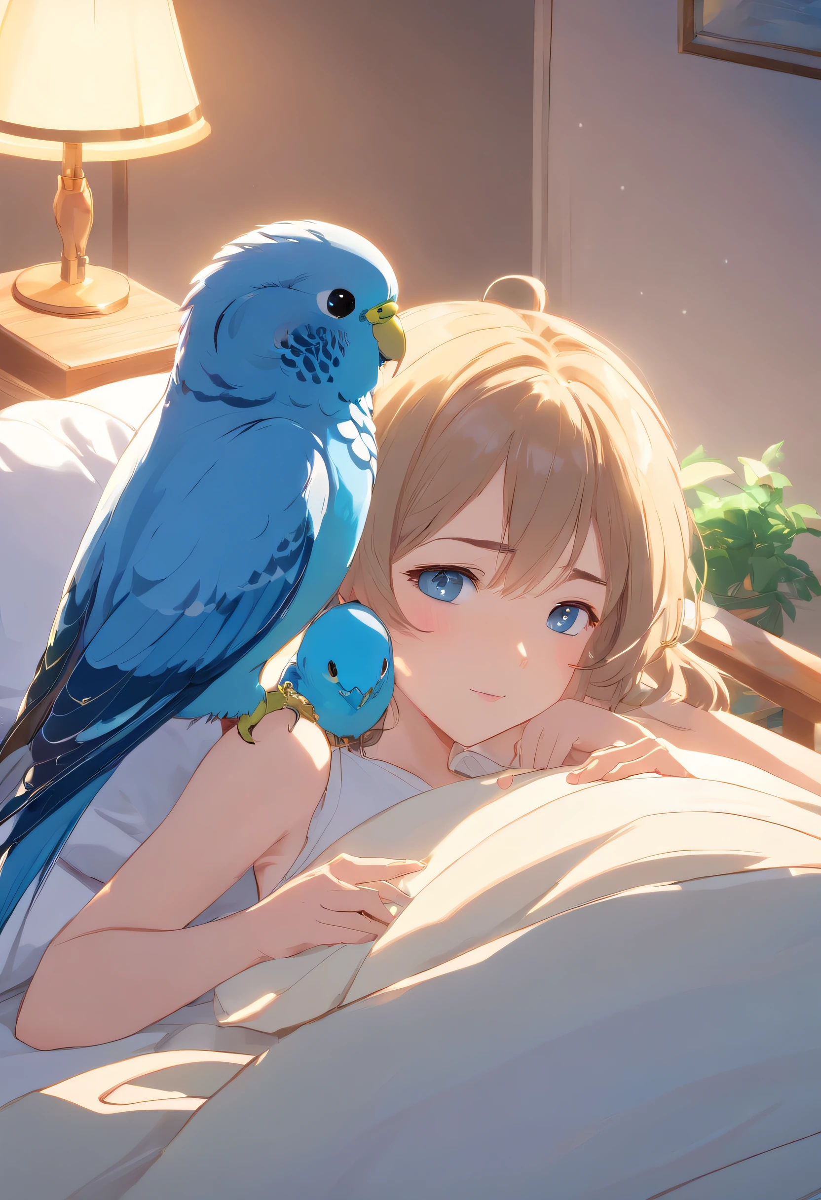 Best Quality,4K,8K,hight resolution,masutepiece:1.2),Ultra-detailed, in a house、Sleeping in bed、Where the morning sun shines in and wakes up、Gentle soft smile staring at budgies,Button pajamas that are only a little fluttering、Budgerigars are singing and waking up、With a beautiful song、Beautiful,Beautiful detailed eyes,Blue budgie,Soft blue eyes,Portraits,Subtle tones,Soft lighting