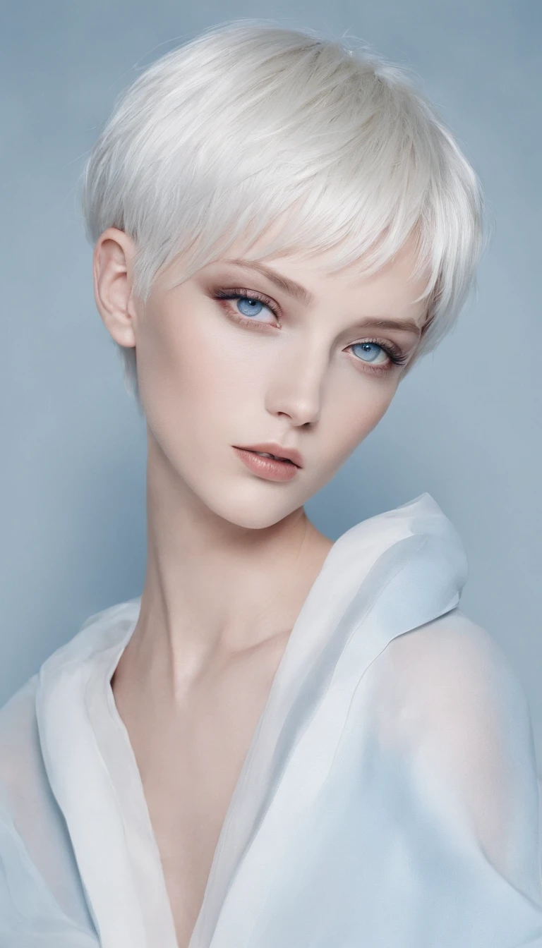 Gojo Gojo　white  hair　short-haired　de pele branca　Blue eyes　Strong gaze　Infinite Emptiness