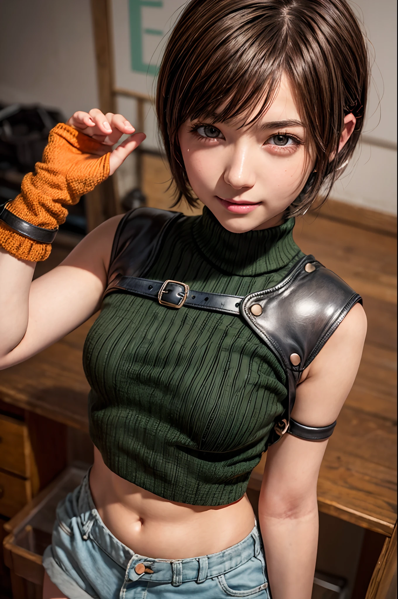 8K,top-quality,Real Image,intricate detailes,超A high resolution,Depth Field,masuter piece,natural soft light,profetional lighting,1 girl in,(cute little:1.2),Very beautiful 17 year old cartoon girl, photorealistic anime girl render, realistic anime 3 d style,A detailed eye,((Brown-eyed)),(Brown hair),Shorthair,(bangss),Yuffie,Yuffikisaragi,head band,a navel, Sleeveless, Green Turtleneck, sleeveless turtleneck, middlebreasts, Look at viewers, A smile, gloves, croptop, Brown hair, Shorts, Midriff, armor, Sweaters, Fingerless gloves, Ribbed sweater