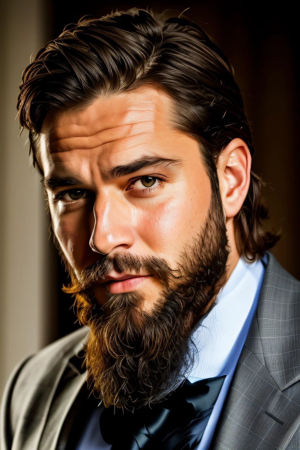 arafed man with a beard and a suit jacket looking at the camera, very attractive man with beard, cinematic headshot portrait, thick brown beard, groomed beard, brown beard, bearded beautiful man, short brown beard, light beard, antony starr, grizzled beard, man with beard, bearded man, scruffy brown beard, neat beard, bearded, thick beard