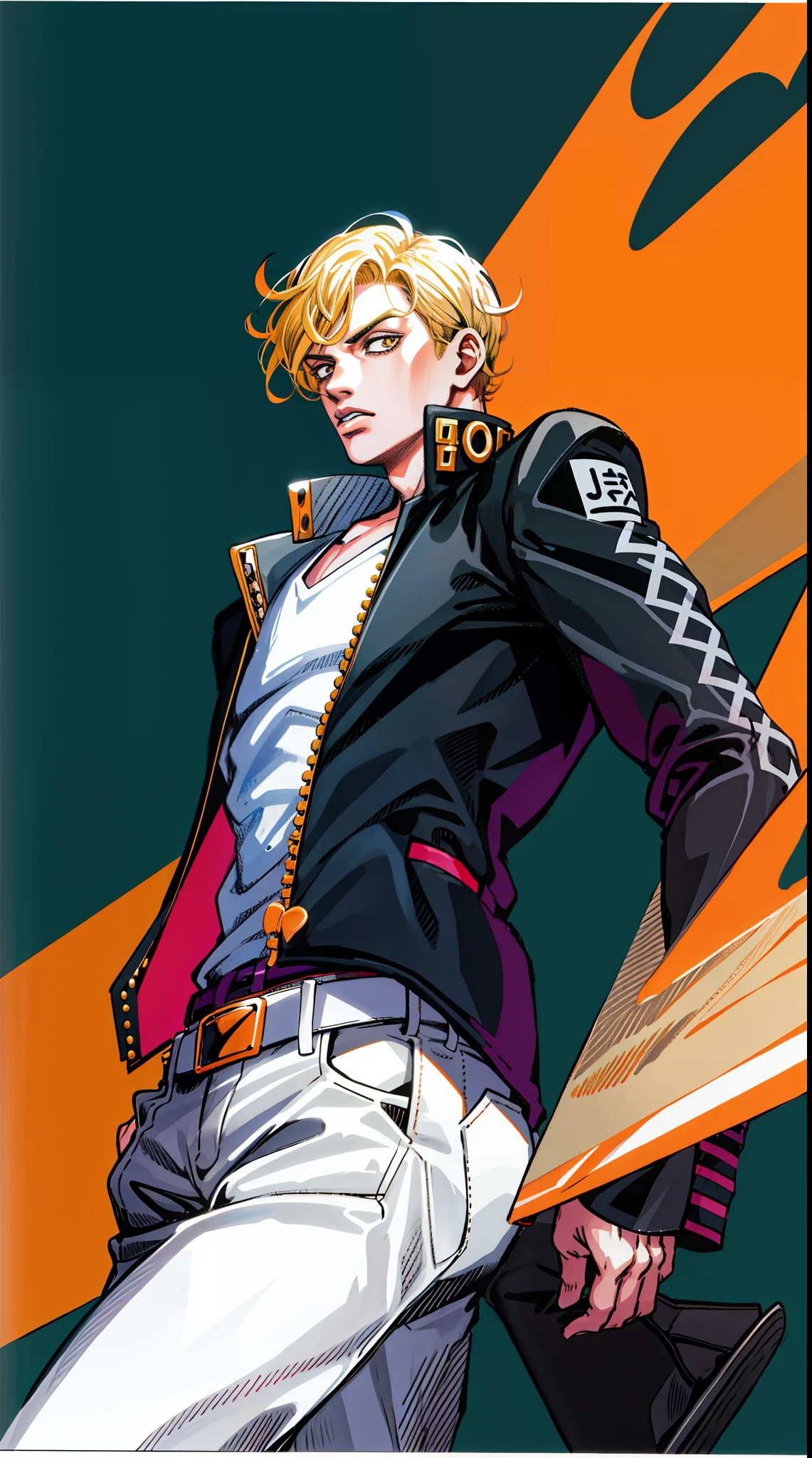 oro, ((Solo enfoque)), Closeup, ((Arakistyle)) ((vestir)), con traje negro, cabello medio, hombre, labios partidos, posando, Johan Liebert, Keicho Nijimura, Jojo:0.9, illustration, Arte lineal, bold coloring, obra-prima, Arte manga, mejor calidad, digitalization, Tonos de color, illustration, anime, simple colouring, fondo negro plano, Gakuran, japanese school uniform,