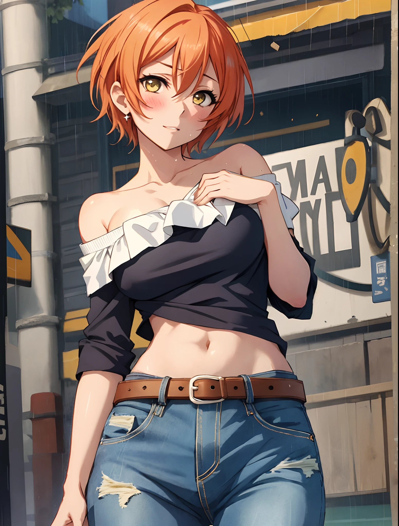 Hoshizora rin, Best Quality,(beauty), 1girl,phisically-based render ,ultra highres,(cowboy shot:1.5),narrow waist, skinny, big eyes,long legs,torn jeans,leather belt,small breasts,puffy eyes, leather belt,(rainy city), shiny skin, facing viewer, covering breasts,(midriff:0.7), sweating, flying sweat drops,off shoulder,torn top, Blushing, nervous, sweaty