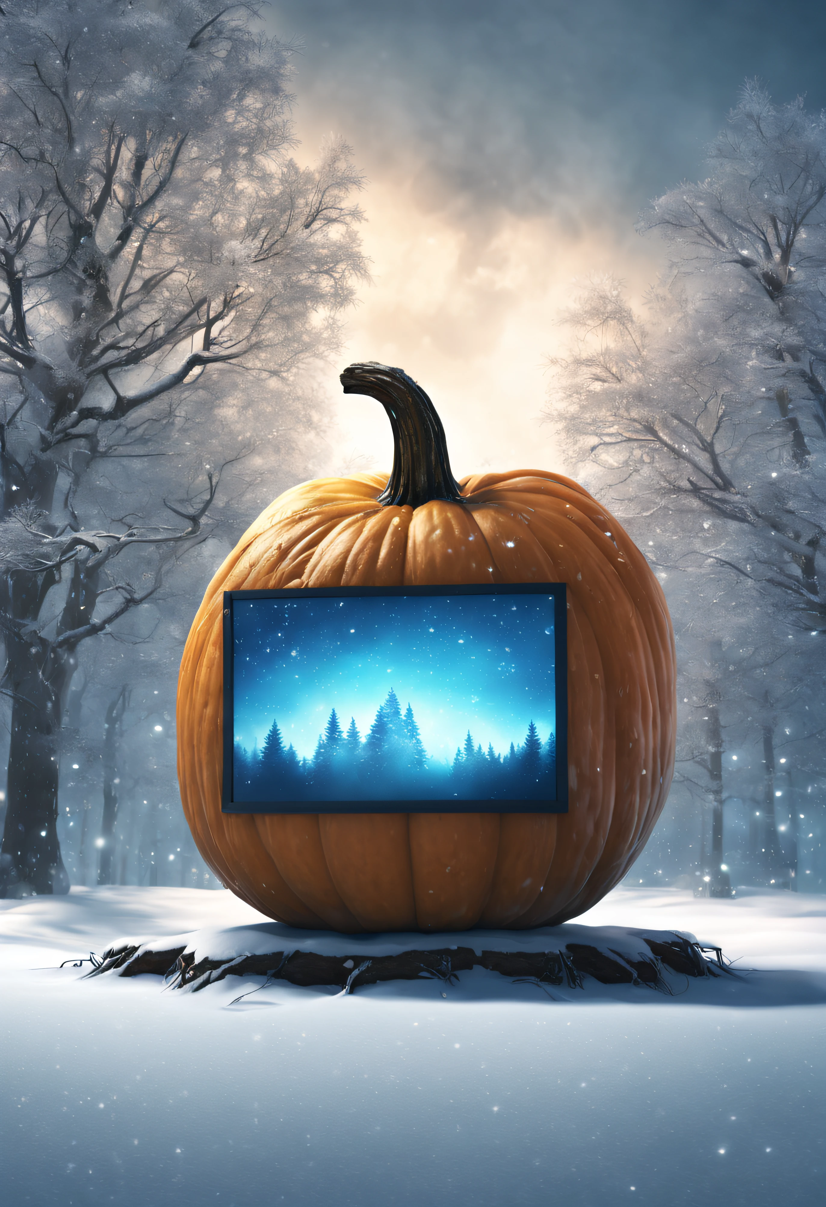 A huge pumpkin，(The surface has a large movie screen panel:1.4), Sit on a tall tree trunk in the snow, Falling snowflakes,(Best quality,4K:1.2),(Realistic,Photorealistic:1.37),hdr,concept-art,Winter feeling,Cool blue tones,Soft glowing light.