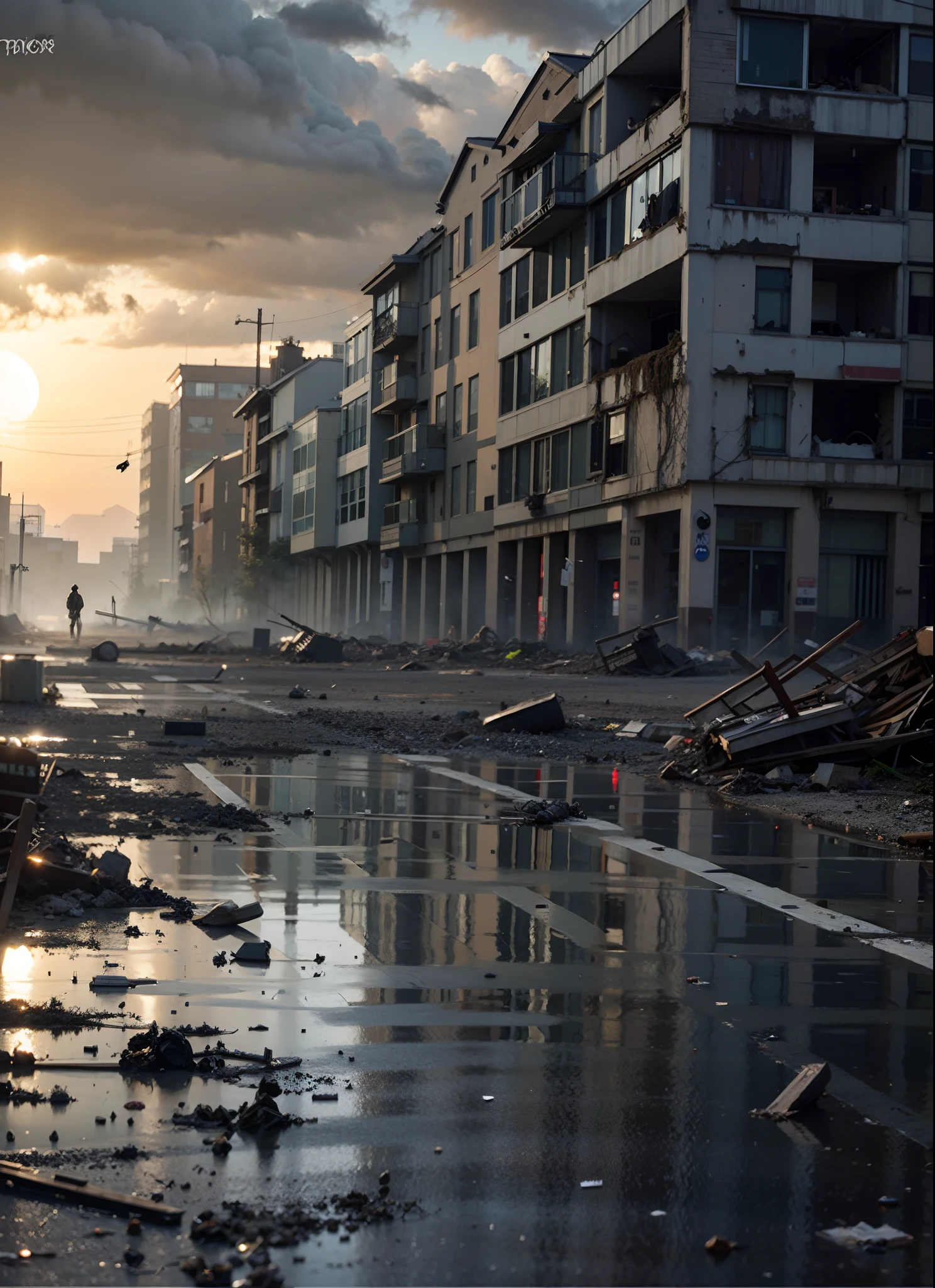 Wrecked City, Debris by the street Destroyed city in the background, realistic apocalyptic war scene, paisagem urbana arruinada