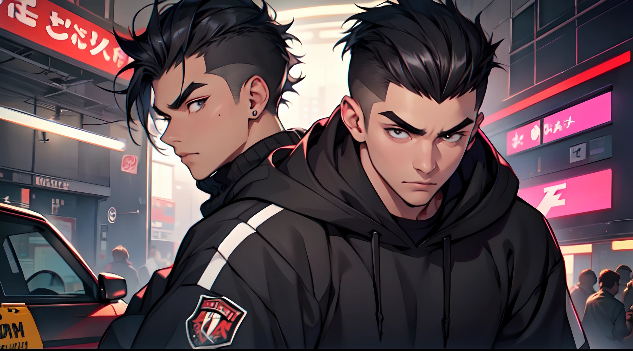 20-year-old man, short hair on the sides and long hair on top, thick black eyebrows, wearing a sweatshirt, sharp, fine features, precise features