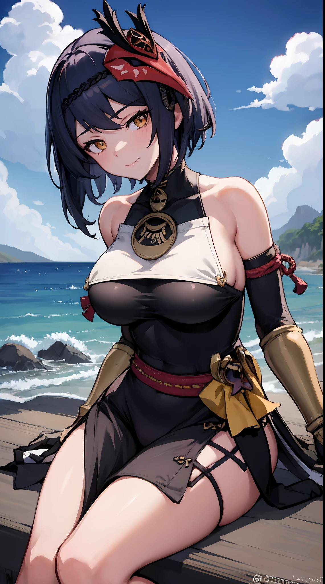 Kujou Sara| genshin impact, master-piece, bestquality, 1girls,25 years old, proportional body, proportional., Water set, Fabric swimwear, , ,bara, Beautiful sea, The sky is beautiful, View viewers from the front.,Sitting on the beach, Thigh strap, Head tilt, bored, 10, 10, HD, slight smile,