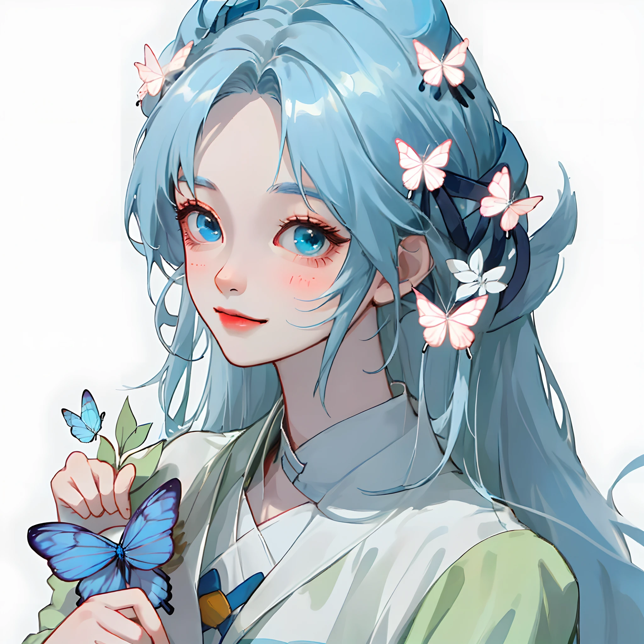 (masterpiece)、(best qualtiy)、(ultra-detailliert)、(dishevled hair)、(illustratio)、(1 girl in)、(Fashionable clothes)、is standing、fashion modell、see the beholder、(interview)、(simple background)、Fine and beautiful eyes、Delicate beautiful face、Planktonic、(a high chroma)、、Focus on Face、Long、Kamisato colorful flowers、Blue hair、bangss、hair rings、、The best lighting、Best Shadows、Blue butterfly in the upper left corner of the screen々、ssmile、tchibi、mascot