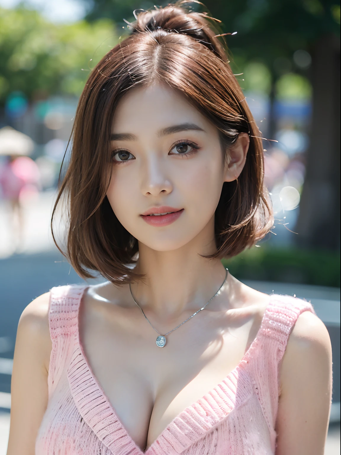 ((((top-quality))))、(((Ultra Precision CG16K Wallpapers)))、(((masterpiece)))、(((ultra-detailliert)))、(((Ultra-extreme details)))、One woman、a matural female、24-year-old woman、((Japanese face))、((extremely beautiful face))、((assist々Kiki:1.8))、((bob cuts:1.2))、(curly hair)、Bangs up to the eyebrows、Beautiful brown hair、Beautiful delicate eyes、Brown eyes、lofty nose、small nostrils、seductive lips、Beautiful breasts、C-cup size breasts、cleavage of the breast、perfectly proportions、perfect anatomia、Beautiful and detailed shading、Beautiful natural lighting、Beautiful detail glow、depth of fields、(((a high chroma)))、((realisitic:1.9))、((Vivid:1.4))、((Beautiful skin))、((Skin texture))、perfect-composition、((a closeup))、((Angle from the front))、((a smile))、(Staring eyes)、Bright sunshine、((Stand at Tokyo Disneyland))、(Background blur)、((Pink summer knit with open chest:1.5))、(sleeveless)、(Silver Necklace)、