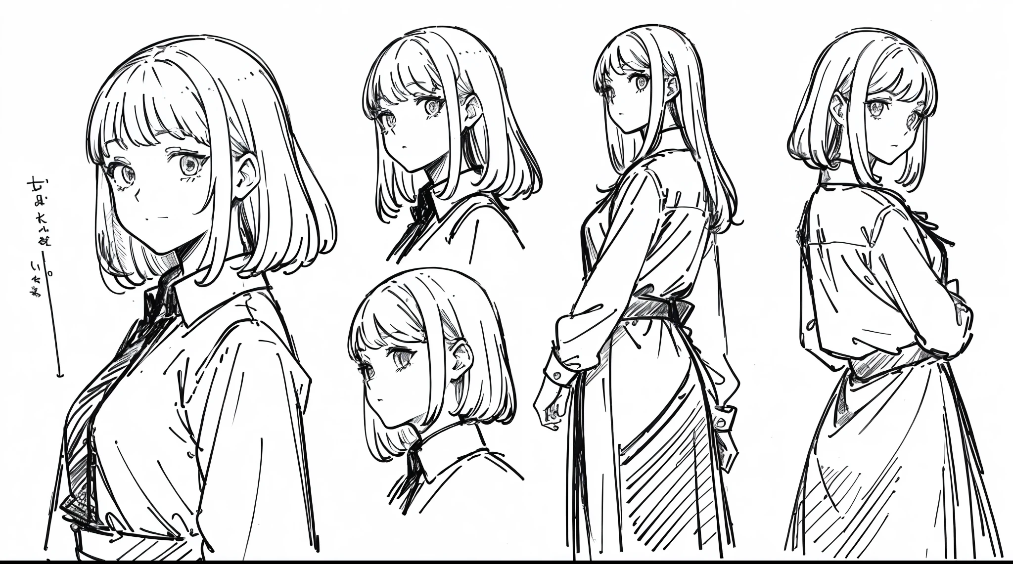 ((masterpiece)),(((best quality))),((((sketch)))),((monochrome)),(character design sheet), same character, front, side, back), illustration, 1 girl, hair color, bangs, hairstyle fax, eyes, environment change scene, Hairstyle Fax, Pose Zitai, Female, Shirt Shangyi, Star, Charturnbetalora, (simple background, white background: 1.3), --6