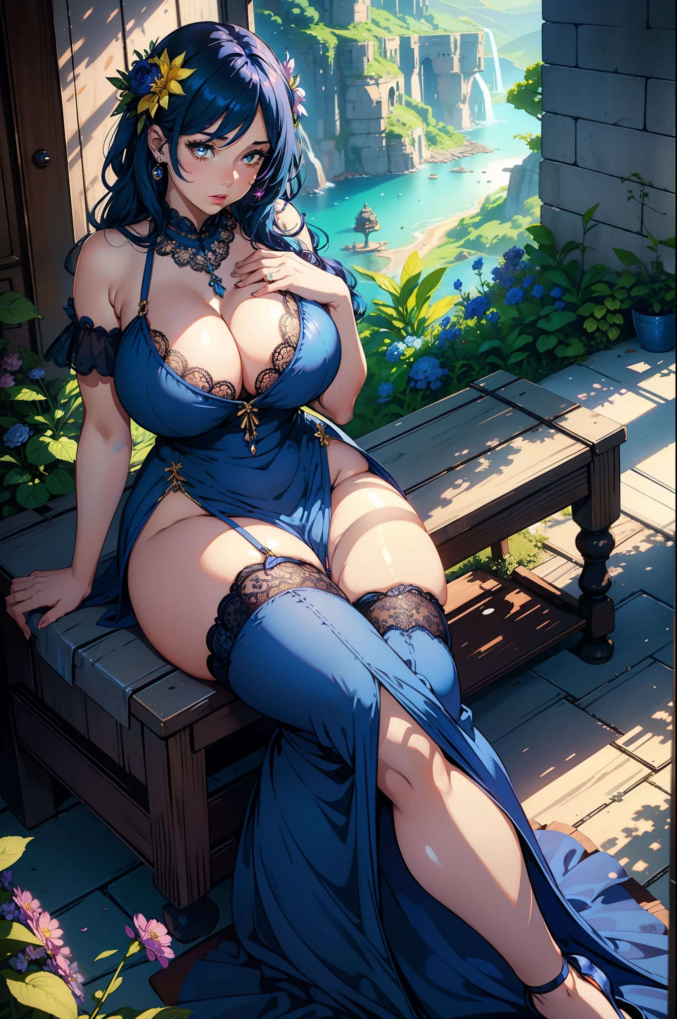 Best quality, solo mature woman, giant breasts, giant ass, very curvy, indigo blue hair, Chardonnay yellow eyes, full lips, seductive, short flowy dress, fairy wings, flower necklace, lacy thigh highs, thick thighs, curvy physique