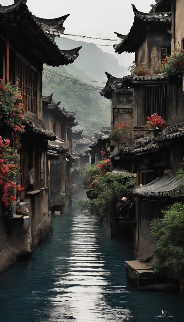 Ink scenery,white backgrounid,Deep indigo and green,Desolate city,Run-down streets,A group of poor people in rags,ink,Wide River,florals,baiyun,High angle of view,clean and simple lines
