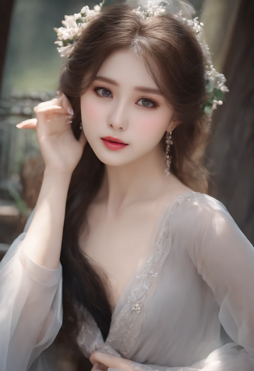 A Russian beauty、high quality、Highest quality、Well-proportioned face、Well-proportioned body、Lustrous lips、Beautiful white skin、Beautiful Eyes、Bewitching eyes、20-year-old、((Stylish clothing))、Beautifully shaped breasts、Long chestnut hair、Long eyelashes、Beautiful Landscape、