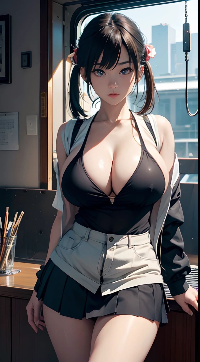 Hitoshi Masumura, Kenji Tsuruta, Surreal, mysterious, bizarre, fantastical, fantasy, Sci-fi, Japanese anime, electric train of love flies, beautiful high school girl in a miniskirt, lovely perfect voluminous body, huge tits cleavage sexy erotic, shy mischievous, food chain on earth, literature, painting, theater, architecture, music, swimming, hyper detailed masterpiece high resolution definition quality depth of field cinematic lighting