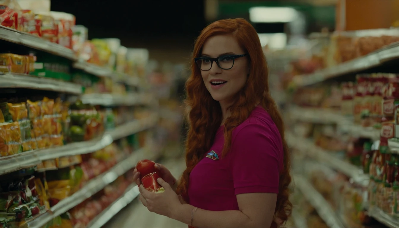 Allison confidently promotes the snacks in the grocery store, wearing a pink crop top, ponytail, blue jeans, and hiking boots. Her vibrant red hair and glasses add to her unique appearance. Allison, a 24-year-old American from Corpus Christi, Texas, stands out in the grocery store as she showcases the snacks. With her slim, buxom figure, red hair, and glasses, she exudes confidence and charm. In the grocery store, Allison catches the attention of shoppers with her striking appearance. Wearing a pink crop top, blue jeans, and hiking boots, she confidently promotes the snacks. Her red hair, glasses, and slim, buxom figure make her stand out.