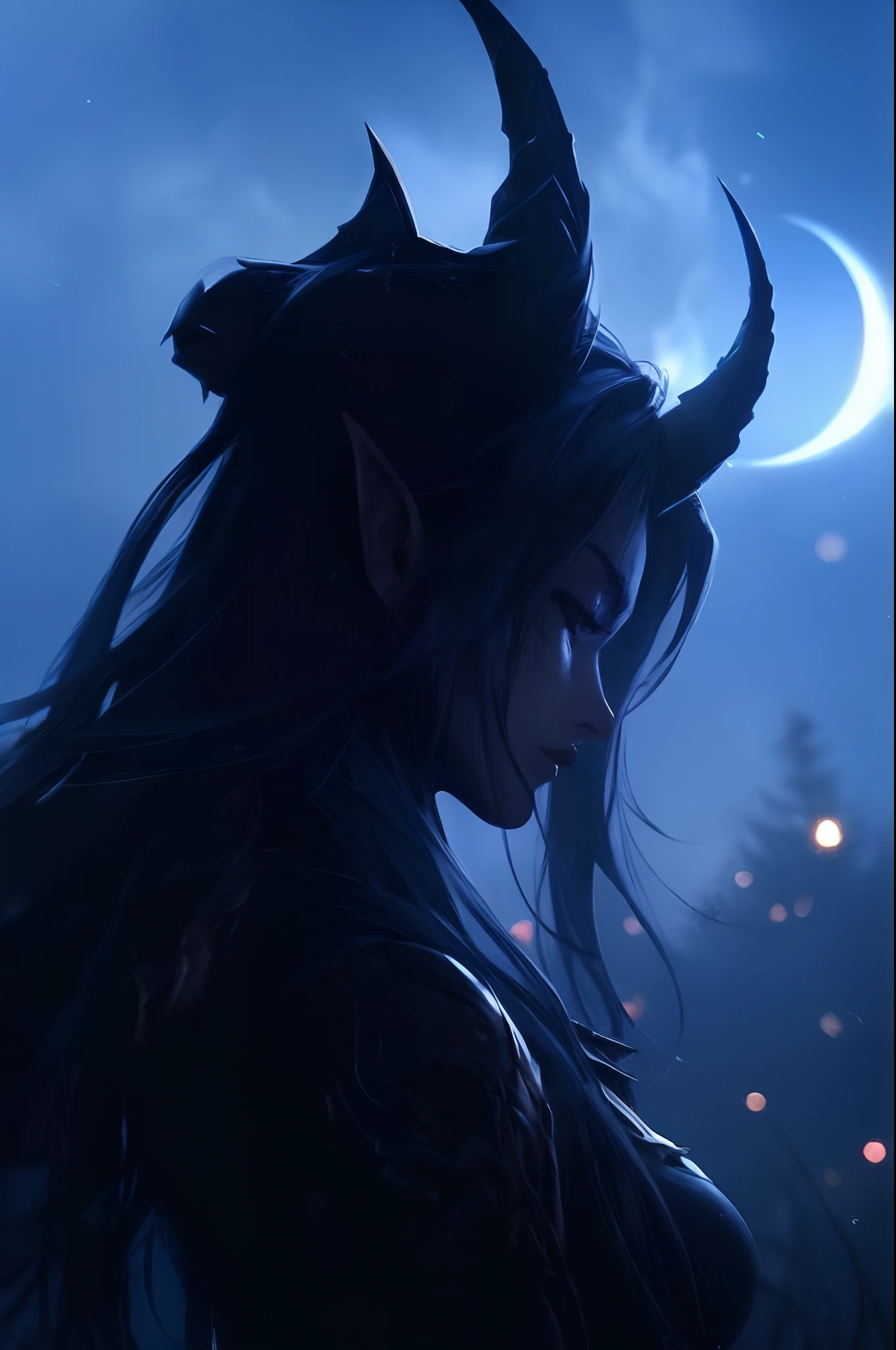 Anime girl with horns and horns in moonlight, Tiefling, Tiefling bleu, 2. 5 D CGI Anime Fantasy Artwork, Tiefling from D & D, cosmic Tiefling D&D, TenDances sur CGstation, Fanart Meilleure ArtStation, Seductive Tiefling Druid, fantasy art style, epic fantasy art style, avec cornes, DruiDe Tiefling attrayant