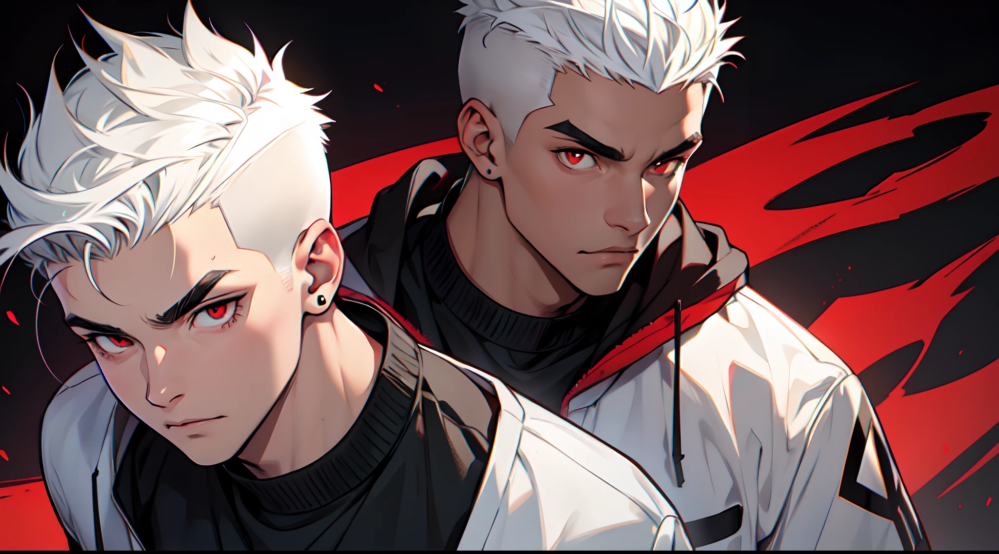 20-year-old man, short hair on the sides and high top, white hair, red eyes, thick black eyebrows, wearing sweatshirt, sharp, fine features, precise features