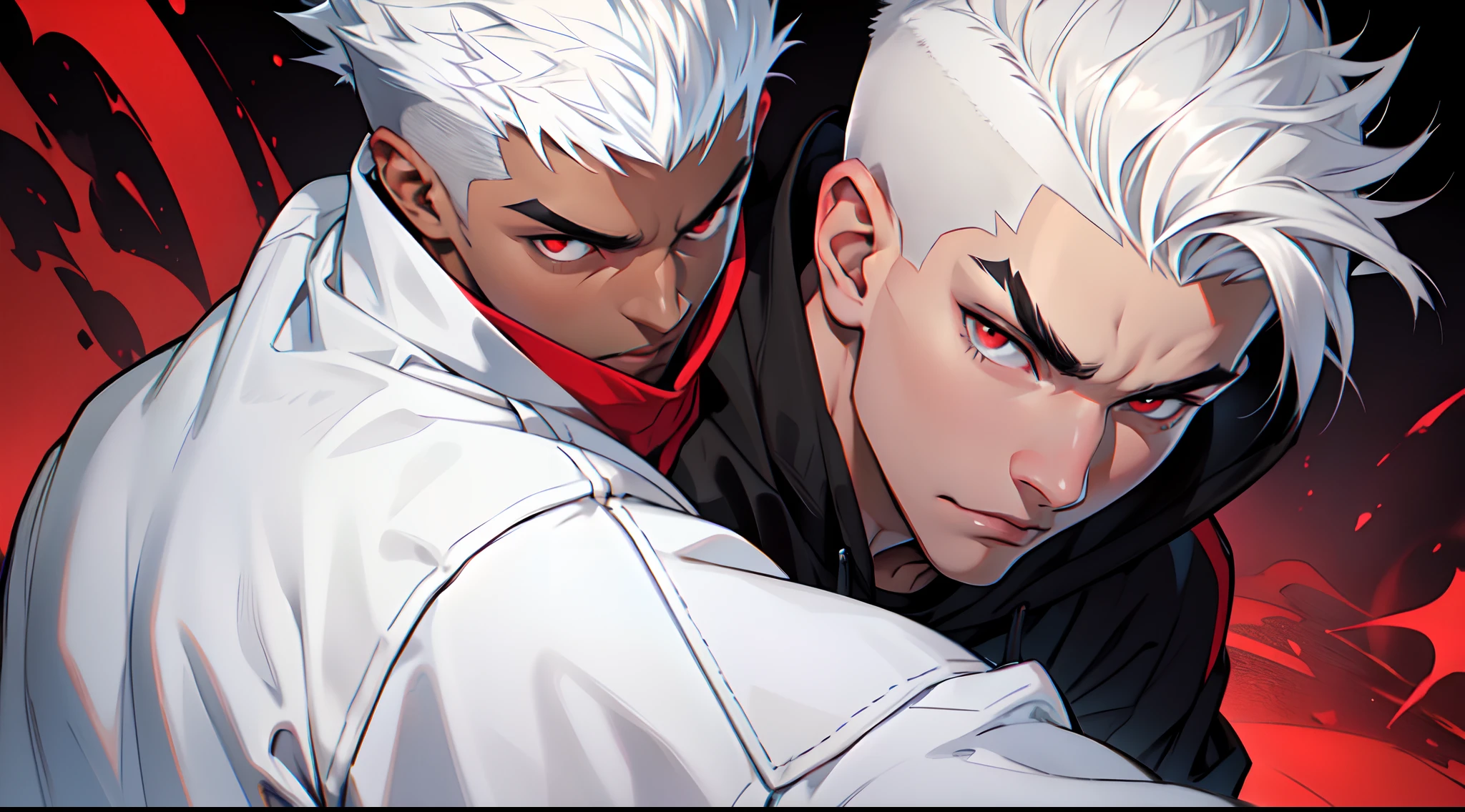 20-year-old man, short hair on the sides and high top, white hair, red eyes, thick black eyebrows, wearing sweatshirt, sharp, fine features, precise features