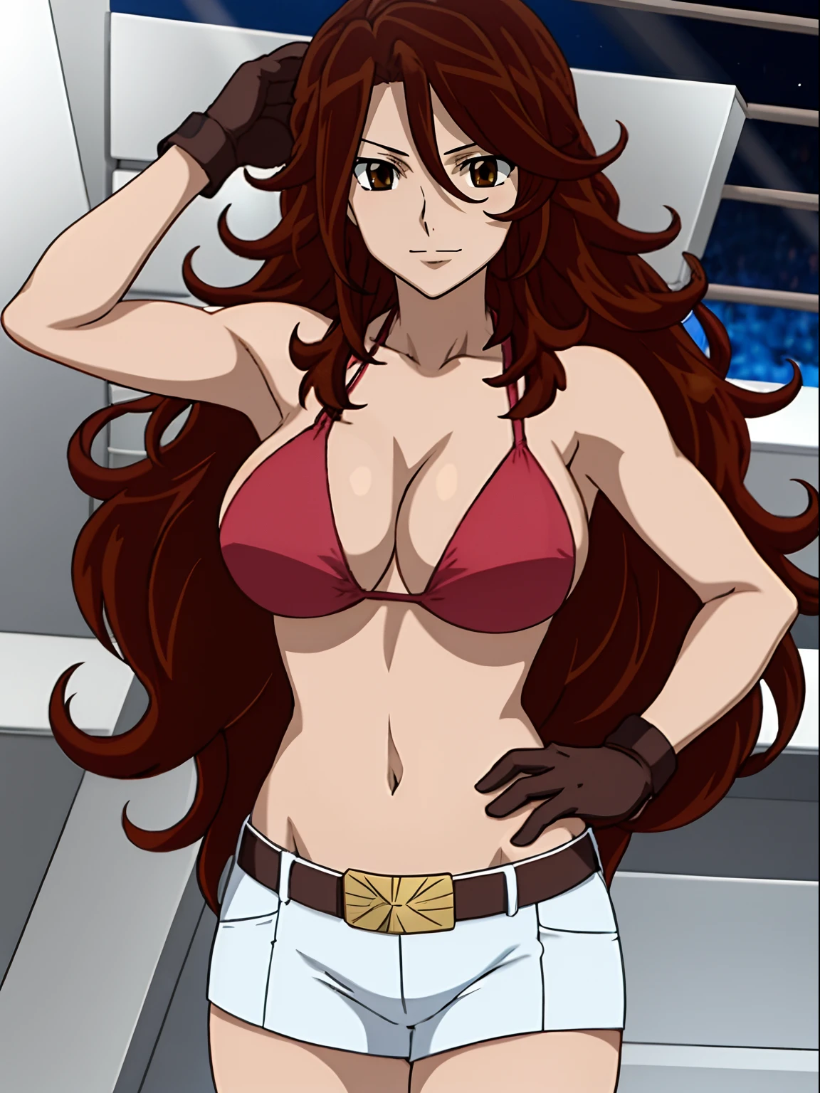 Best Quality, hires, curvy midsection, solo, 1 girl, strong woman, female wrestler, smile, happy), (detailed titration screen, upper body only, anime style: 1.8, anime drawing, ultra detailed face, ultra detailed body, 4k, Sumergai Lee Noriega, (standing), best quality, anime style, hires, highest definition, digital blending, bold drawing lines, ((wwe diva), ((White Background)), ( pro female wrestler, long attractive belly, slim body, (strong arm muscles), broad shoulders , off-shoulders, closed fists, (very curvy: 2.8)), ((elegant red bikini , shorts, white gloves, arm band, arm band, (champion belt))), (pale skin, big breasts, closed mouth), (big eyes, brown eyes, shiny eyes), (), (reddish hair, loose hair, curly hair, wavy hair, long hair, missy hair), 27 years old