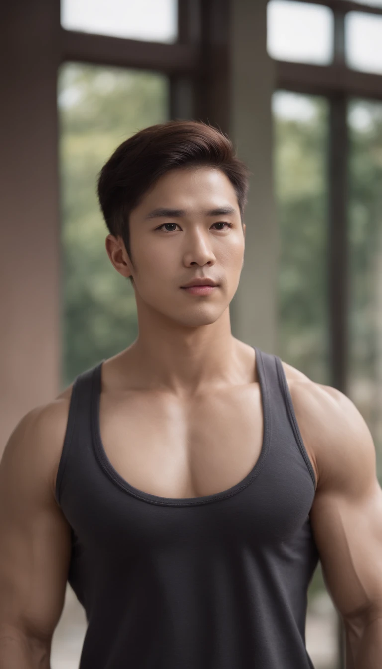 Asian men's gym wears a full tank top , musculous, Height 190 cm, large shoulders, perfect figure beautiful woman:1.4, Slim abs:1.1, ((Dark brown hair,No leakage of big breasts:1.3 )),Large muscular feet, (Draw eye details), (hentail realism)