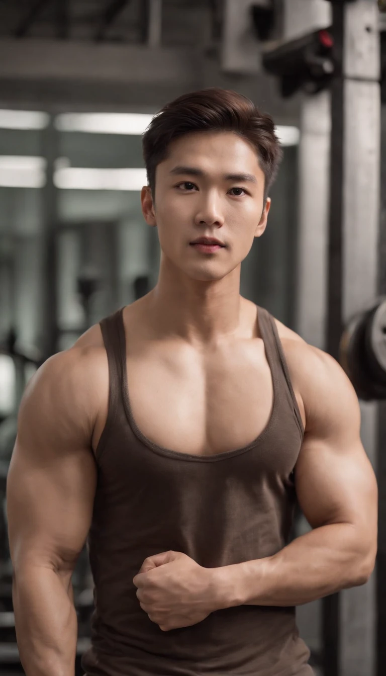 Asian men's gym wears a full tank top , musculous, Height 190 cm, large shoulders, perfect figure beautiful woman:1.4, Slim abs:1.1, ((Dark brown hair,No leakage of big breasts:1.3 )),Large muscular feet, (Draw eye details), (hentail realism)