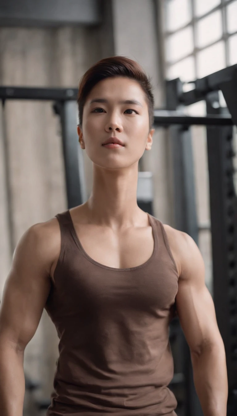 Asian men's gym wears a full tank top , musculous, Height 190 cm, large shoulders, perfect figure beautiful woman:1.4, Slim abs:1.1, ((Dark brown hair,No leakage of big breasts:1.3 )),Large muscular feet, (Draw eye details), (hentail realism)