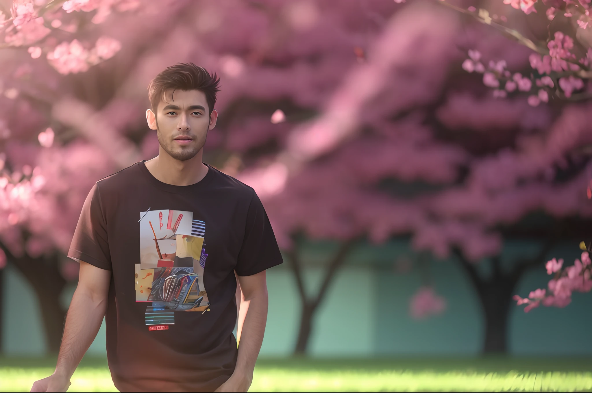 Change A Background To An Anime Spring Season,Change the Charector to a realistic anime face,8k resolution Realistic Face, Handsome Hunk Realistic Anime Face