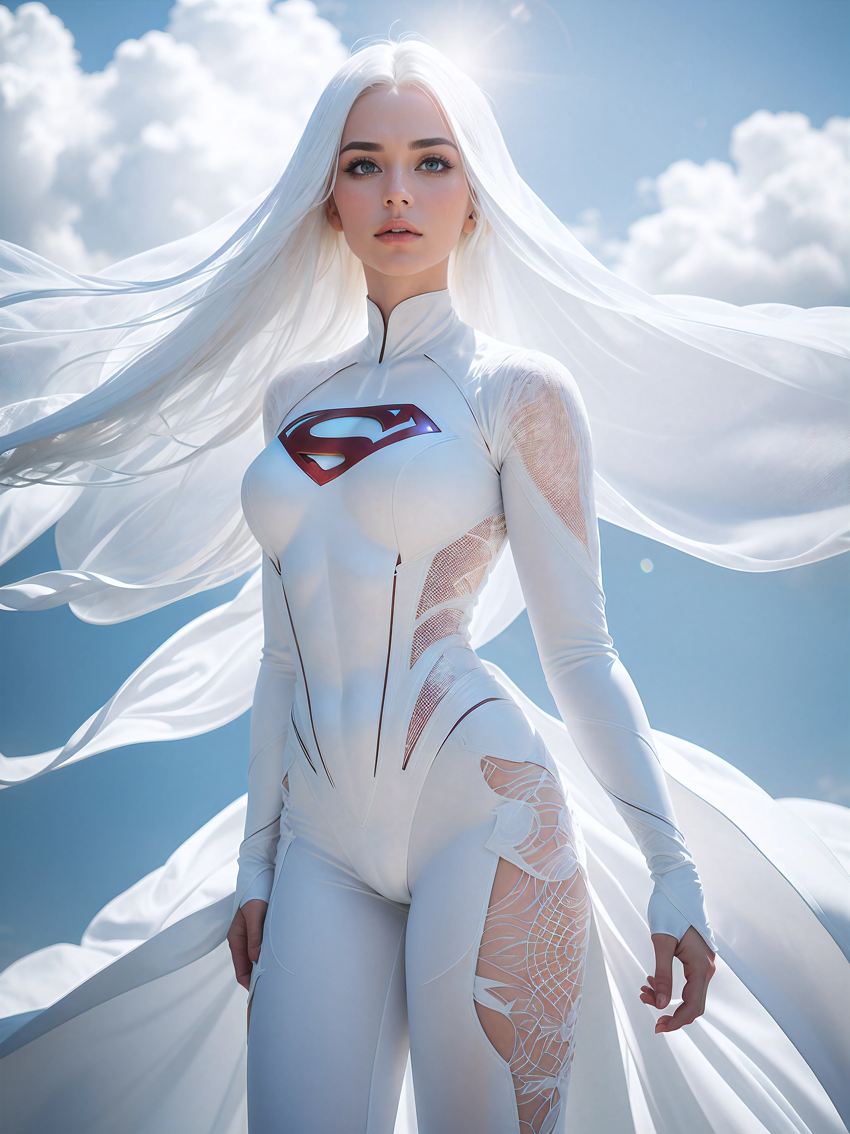 A 25-year-old girl with white hair in an elaborate Superman costume with long sleeves in white, covering the whole body, Matte pastel colours, (dramatic:1.3), white capelet, White Superman Costume, Suit with white carbon fiber details, flying in the sky, (intricate details:0.9), (HDR, hyper-detailing:1.2), (natural skin textures, hyper realisitc, soft light, Sharp, Photos in RAW and 35mm format.