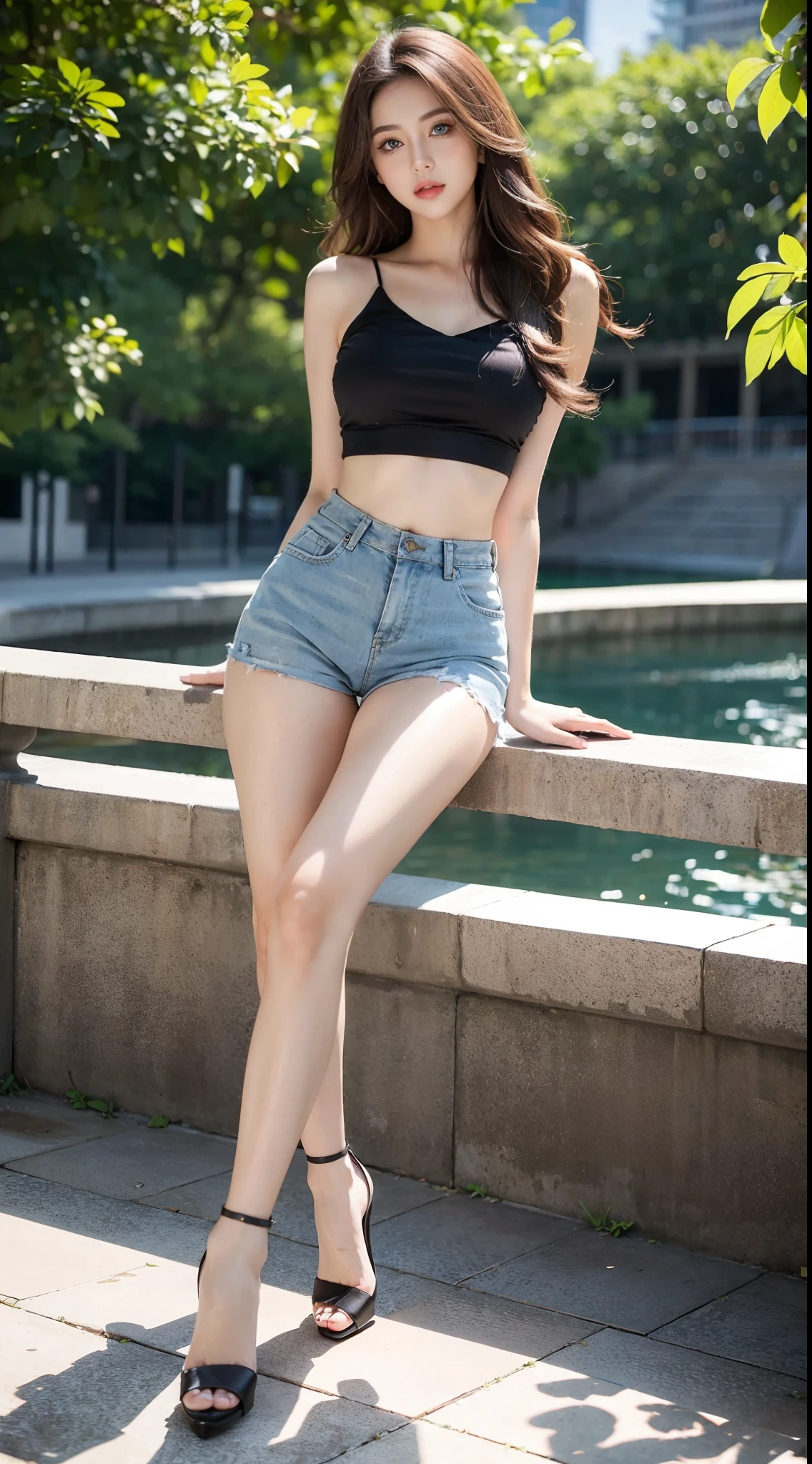 beautifull girl. sit alone in city park. sexy top. hot pants. long wavy hair. blue eyes. sexy body. slim waist. curvy hips. high heels.