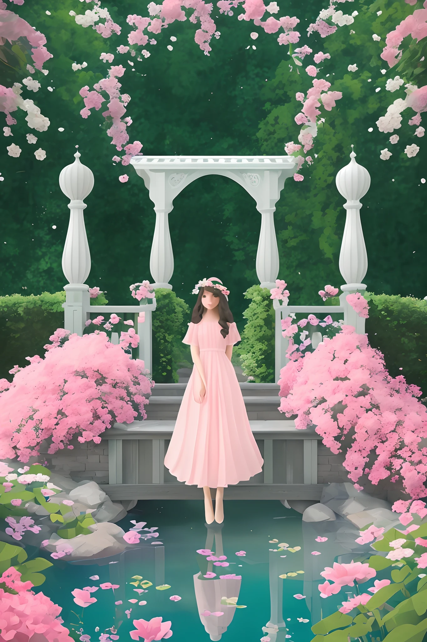 A girl in a garden, wearing a flowy dress, with beautiful detailed eyes, surrounded by vibrant flowers. The medium used is a mix of illustrations and 3D rendering. The garden features a pink valve gate, a staircase, and a light brown stone path. Water with a reflective surface surrounds the garden, and a bridge arches over it. The lighting is soft and warm, and the colors are a blend of pinks, greens, and blues. The image quality is of the highest caliber, with a resolution of 8K and ultra-detailed elements. The overall style is a whimsical and vibrant masterpiece，paradoxical geometry