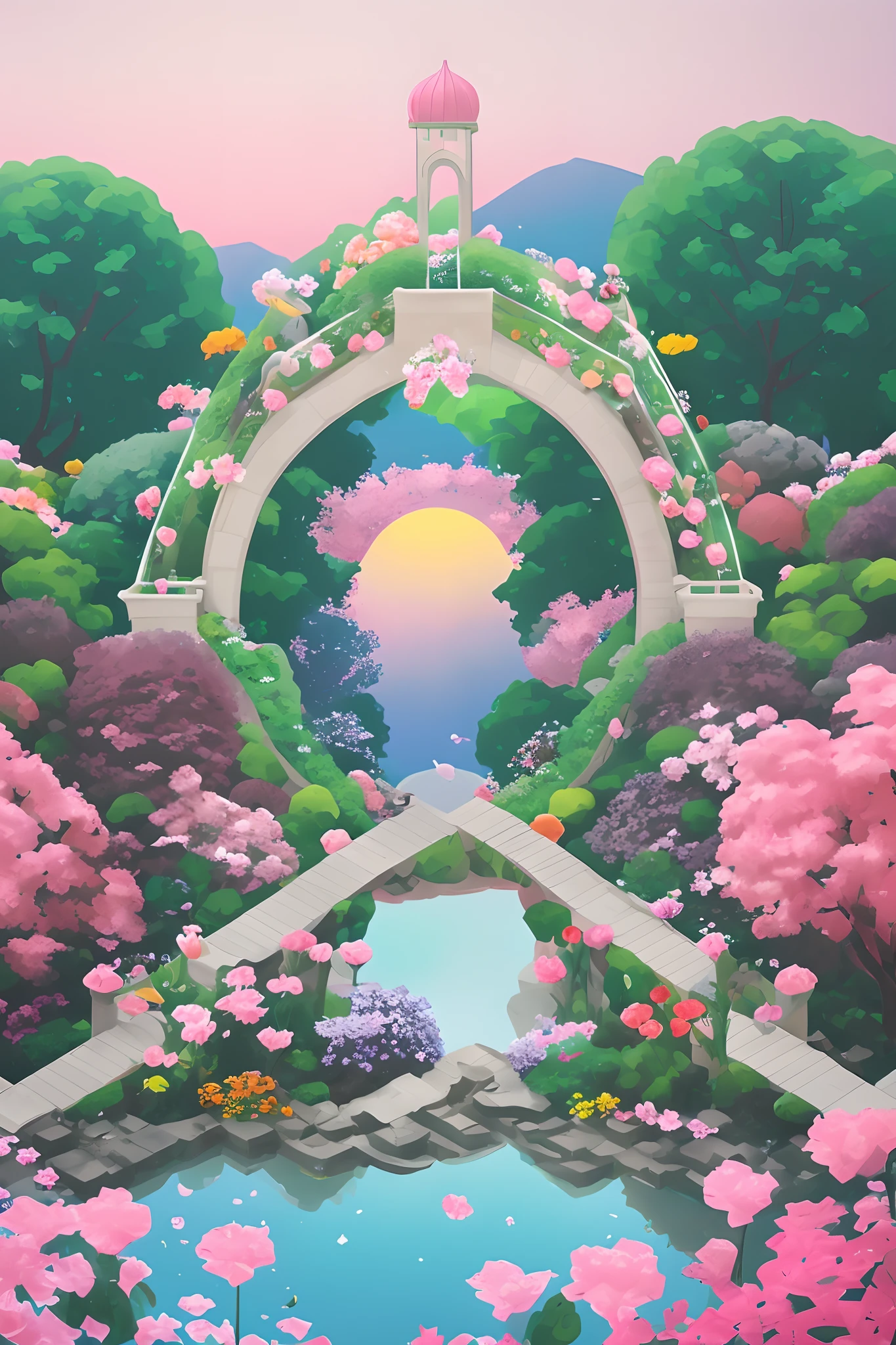 A girl in a garden, wearing a flowy dress, with beautiful detailed eyes, surrounded by vibrant flowers. The medium used is a mix of illustrations and 3D rendering. The garden features a pink valve gate, a staircase, and a light brown stone path. Water with a reflective surface surrounds the garden, and a bridge arches over it. The lighting is soft and warm, and the colors are a blend of pinks, greens, and blues. The image quality is of the highest caliber, with a resolution of 8K and ultra-detailed elements. The overall style is a whimsical and vibrant masterpiece,paradoxical geometry