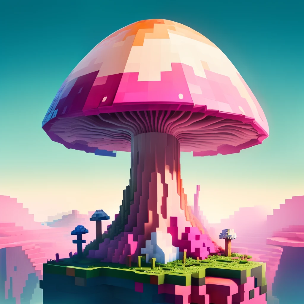 Enormous queer chaotic complex unpredictable pink gradient mushroom in minecraft
