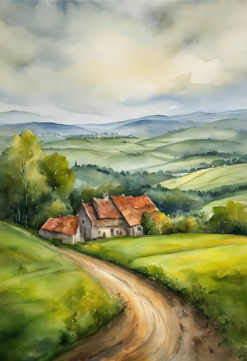there is a car that is driving down the road in the country, green fields in the background, lush countryside, patches of green fields, verdant green fields, hills in the background, amidst of nature fully covered, lonely scenery yet peaceful!!, idyllic and fruitful land, clouds and fields in background, rich greenery, low clouds after rain, landscape view