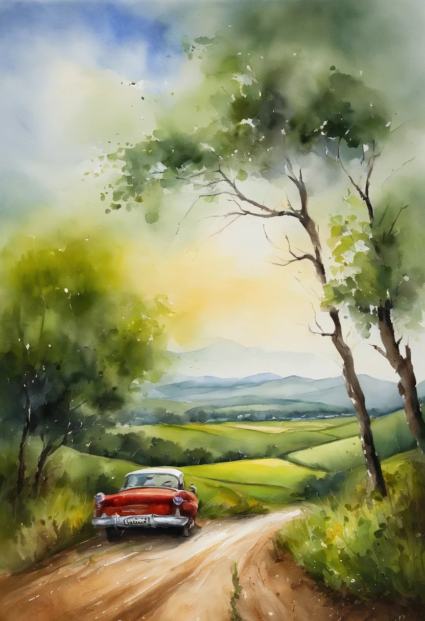 there is a car that is driving down the road in the country, green fields in the background, lush countryside, patches of green fields, verdant green fields, hills in the background, amidst of nature fully covered, lonely scenery yet peaceful!!, idyllic and fruitful land, clouds and fields in background, rich greenery, low clouds after rain, landscape view