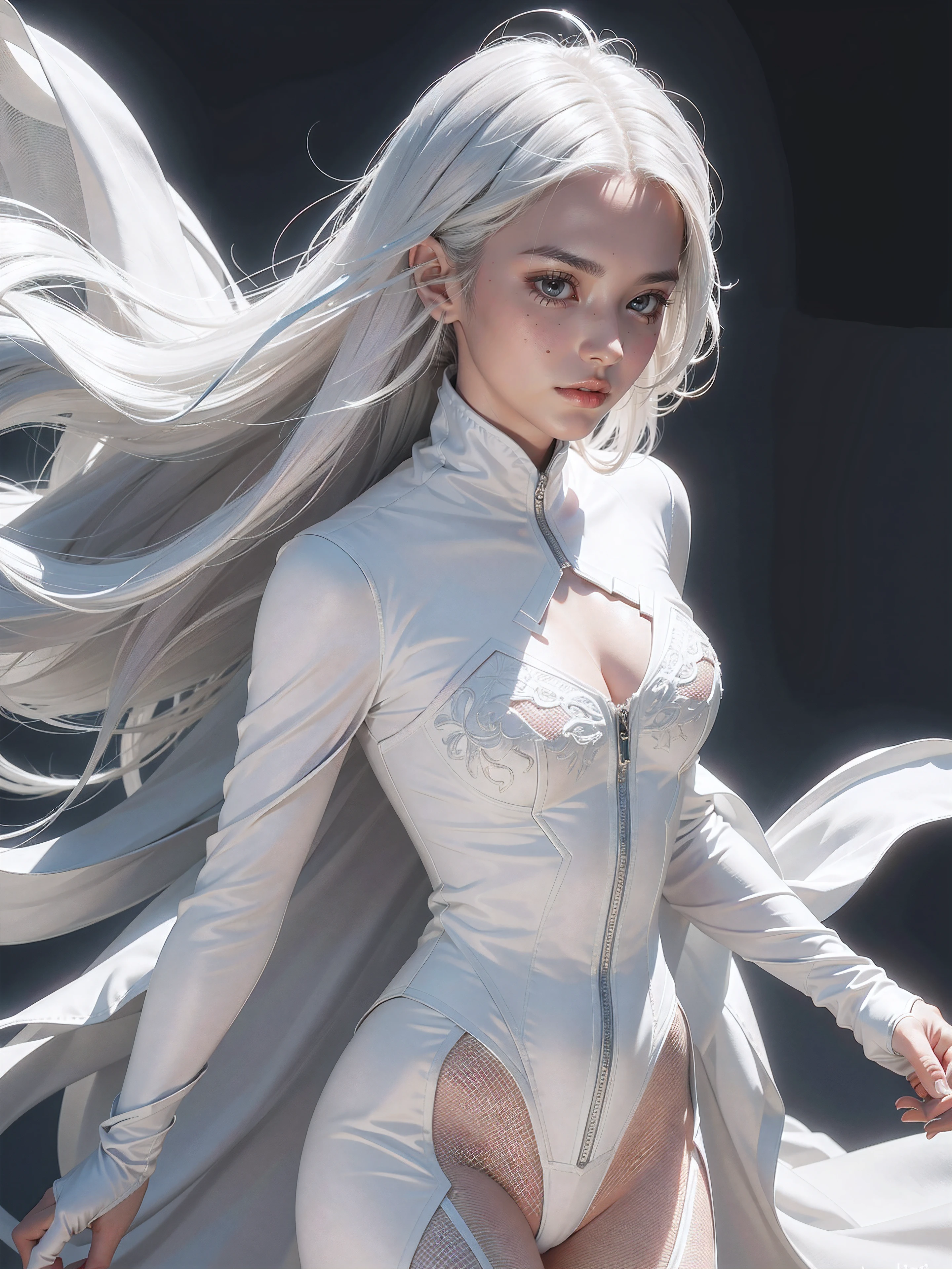 A 25-year-old girl with white hair in an elaborate long-sleeved Superman costume in white, covering the whole body, Matte pastel colours, (dramatic:1.3), white capelet, White Superman Costume, Suit with white carbon fiber details, flying in the sky, (intricate details:0.9), (HDR, hyper-detailing:1.2), (natural skin textures, hyper realisitc, soft light, Sharp, Photos in RAW and 35mm format.