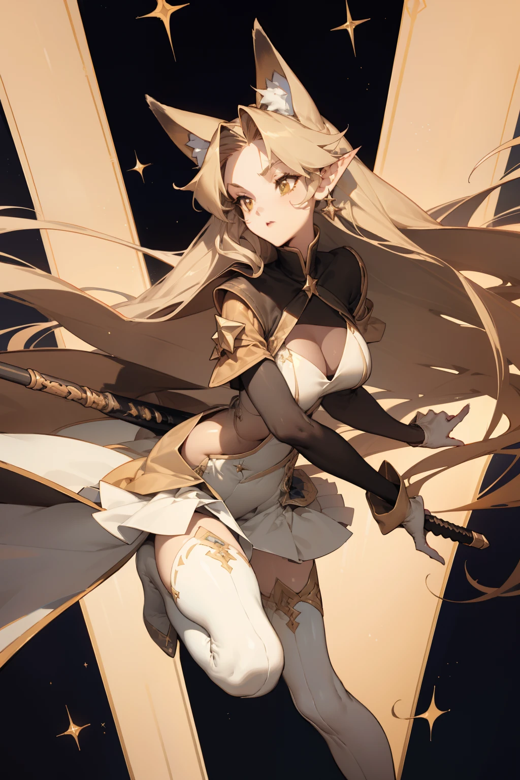 pointy ears,Long beige hair,one-girl,Bigboobs,fox ear,Two legs,White knee-length stockings,(middle parted hairstyle),Sideburns have long hair,Star decoration,The sword,Long sword,theater,Phantom of the Opera,frontage,Lattice group,pleatedskirt,leather clothes