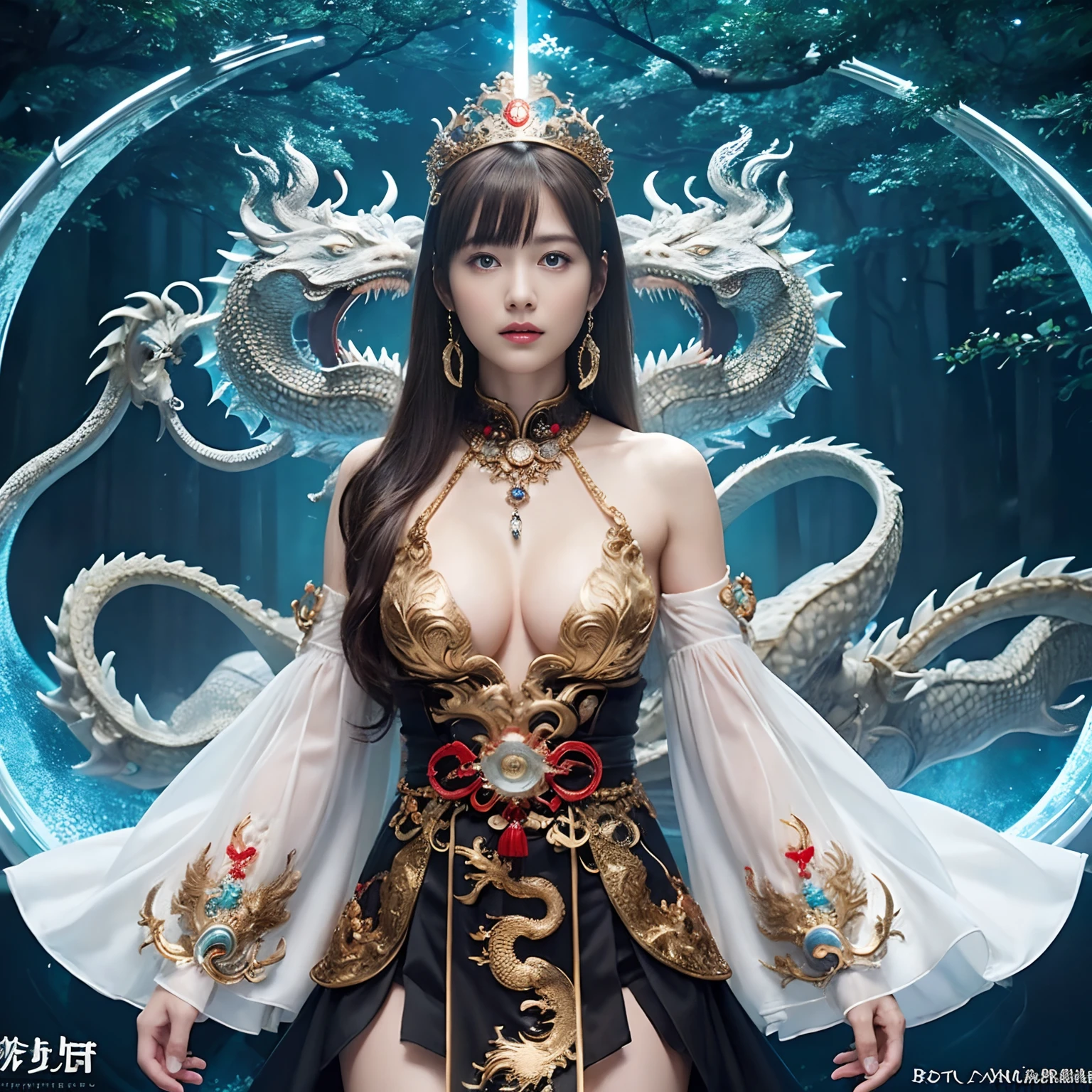 (Fight fiercely with dragons)、top-quality、​masterpiece、超A high resolution、（White Dragon Armor）、(((Colossal tits))),dragon armor、(Wearing a beautiful crown made of jewels),(Photorealsitic:1.4)、Raw photo、女の子1人、Golden hair、glowy skin、(((Chinese Dragon)))、（Gorgeous Jewelry Necklaces）、（Mystical expression）、（Fight big dragons）、With a beautiful knife、（White Metal Bikini）、(beautiful forest background)、Precipitous cliffs、(Small LED)、((super realistic details))、portlate、globalillumination、Shadow、octan render、（One-Eyed Scouter）、8K、ultrasharp、Colossal tits、Raw skin is exposed in cleavage、metals、Details of complex ornaments、Japan details、highly intricate detail、Realistic light、CGSoation Trends、Blue Eyes、radiant eyes、Facing the camera、neon details、(Mechanical limbs)、(blood vessels connected to tubes)、Mechanical vertebrae attached to the back、mechanical cervical attaching to neck、(Wires and cables connecting to the head)、Gundam、Small LED、,Mechanical thighs、Toostock、（Hands are also made of machines）、（veils）、(((Full body))),