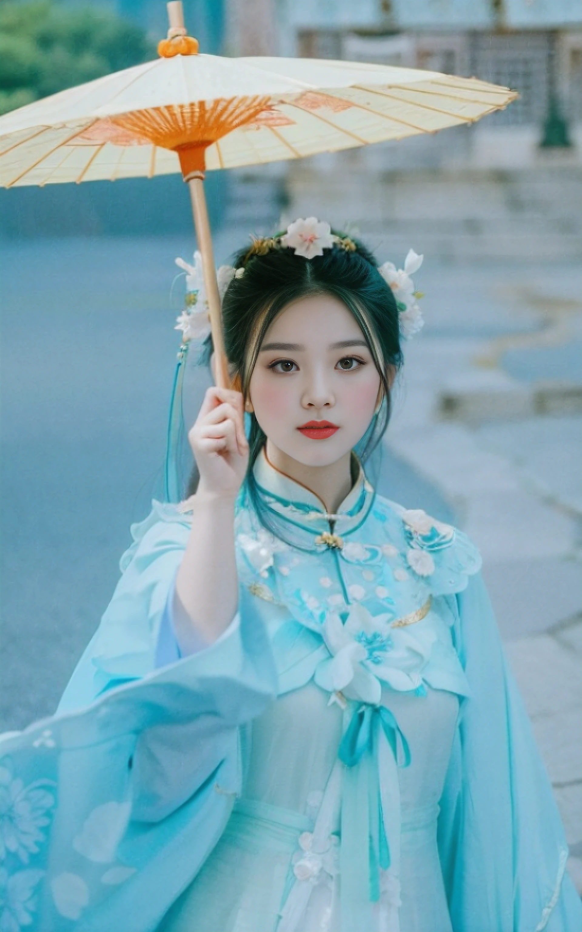 An Asian woman in traditional dress holds an umbrella, Palace , A girl in Hanfu, Hanfu, Wearing ancient Chinese clothes, White Hanfu, Traditional Chinese clothing, Chinese girl, Chinese woman, Chinese traditional, with acient chinese clothes, Chinese style, China Princess, Chinese costume, Princesa chinesa antiga, A young Asian woman, Traditional beauty