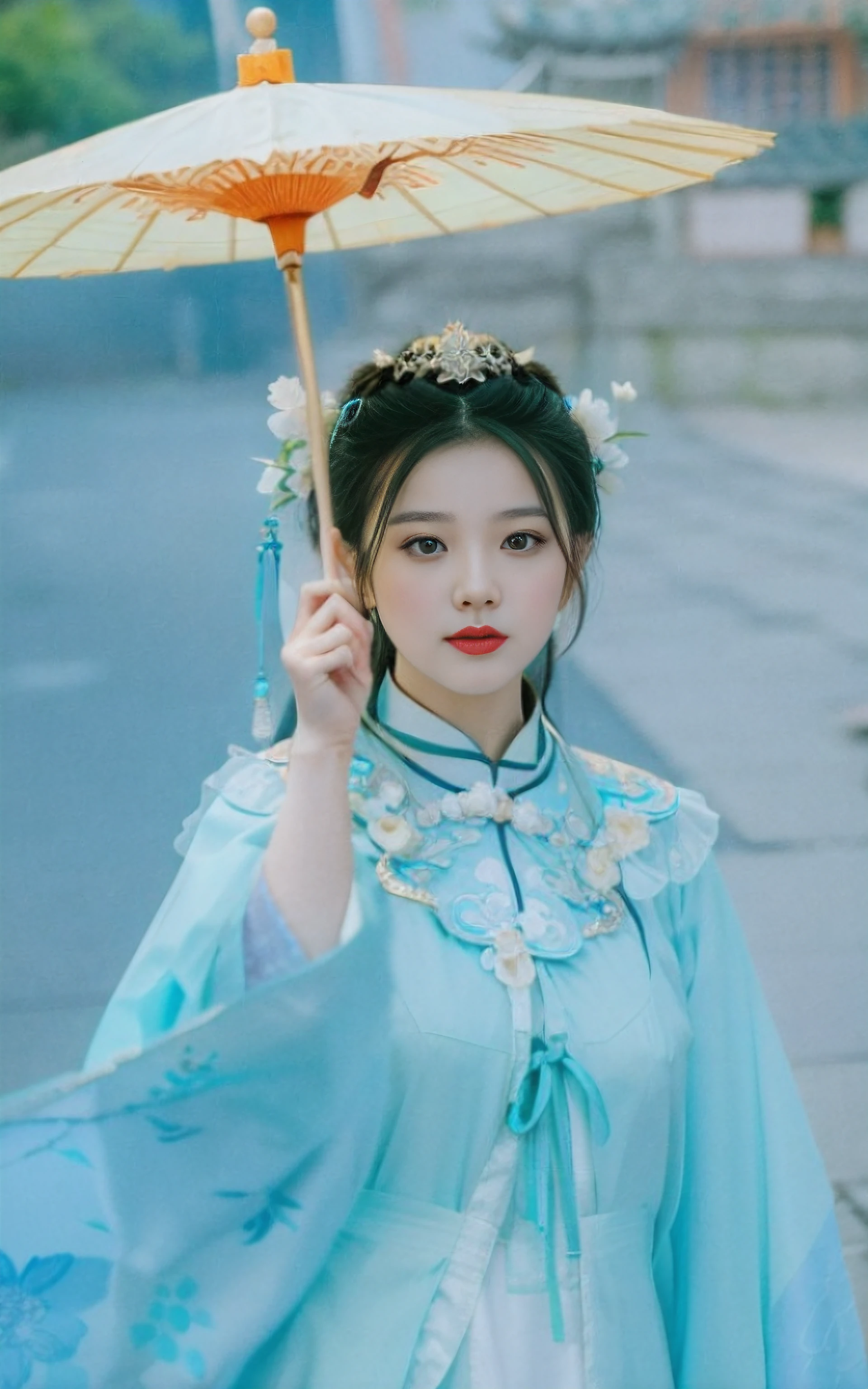 An Asian woman in traditional dress holds an umbrella, Palace ， A girl in Hanfu, Hanfu, Wearing ancient Chinese clothes, White Hanfu, Traditional Chinese clothing, Chinese girl, Chinese woman, Chinese traditional, with acient chinese clothes, Chinese style, China Princess, Chinese costume, Princesa chinesa antiga, A young Asian woman, Traditional beauty