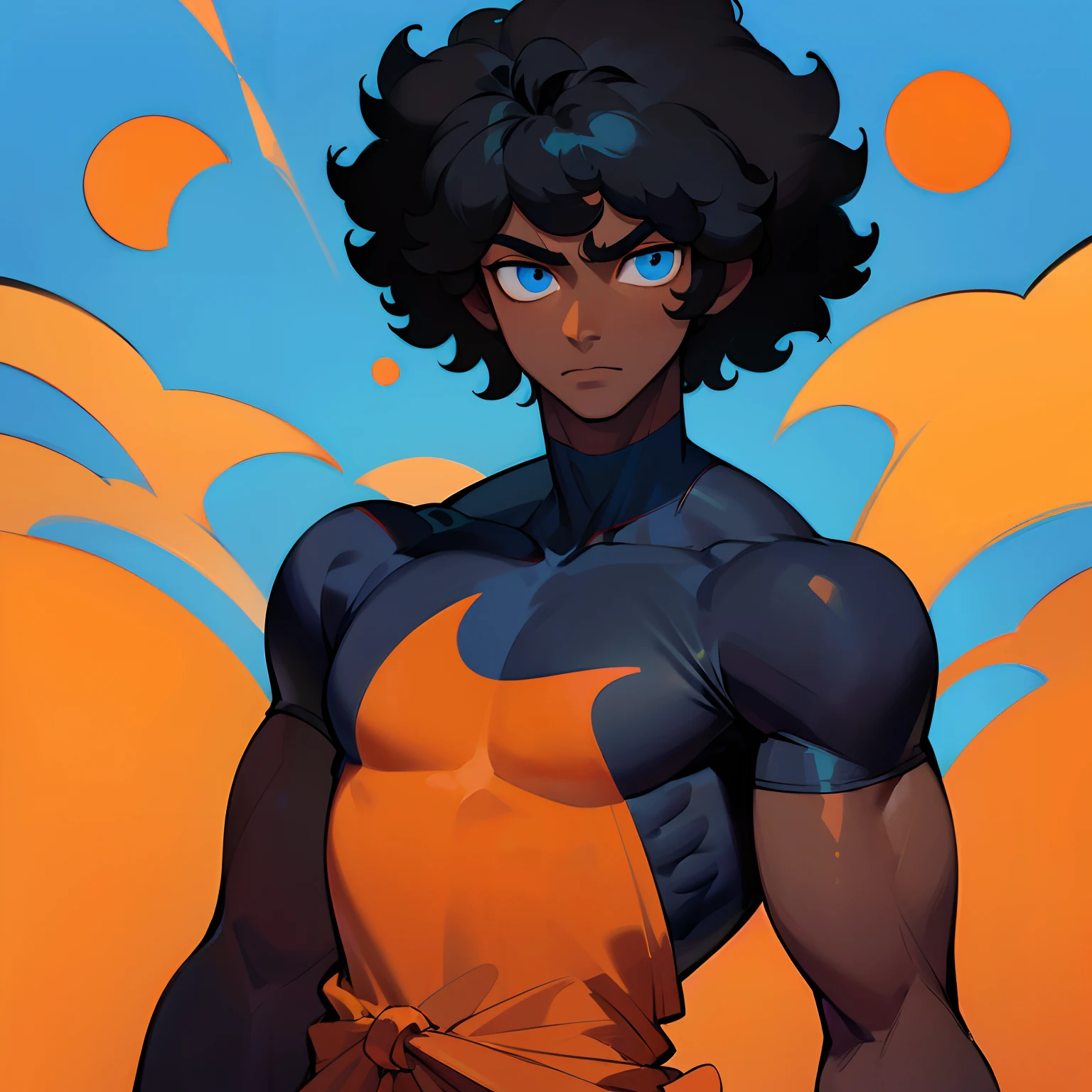 ((masterpiece, best quality)), (1boy), (solo), (male focus), (black male), ((black skin)), black afro hair, tall, orange t-shirt, blue eyes, strong body, blue background,