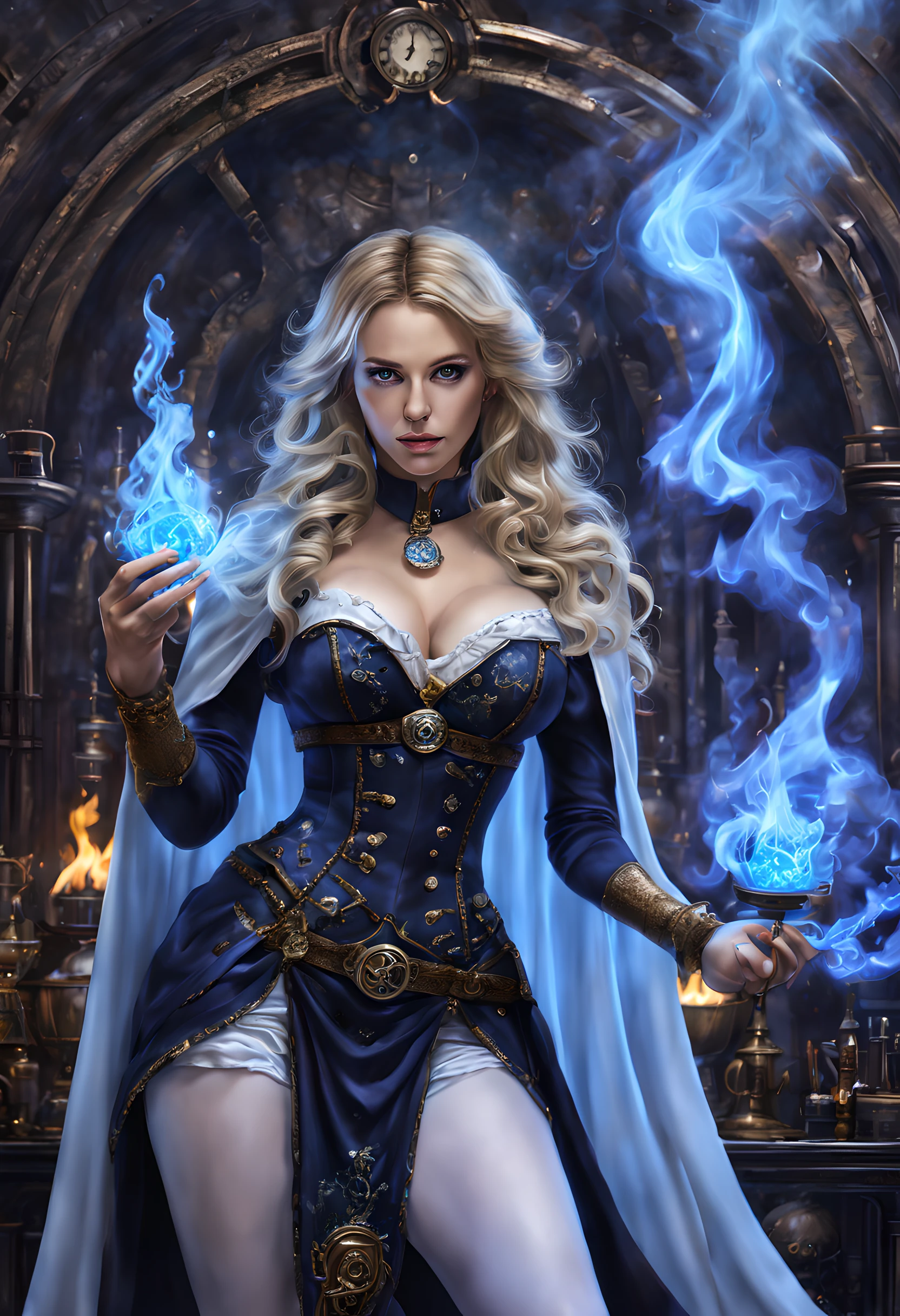 ffantasy art, steampunk art, RPG art, photograph, RAW,  Best Detailed, picture of a mecha woman wizard, standing proudly, manipulating magical blue fire, extremely beautiful woman (best Detailed, Masterpiece, Hyperrealistic: 1.5) blond hair, rich hair, wavy hair, dynamic eyes color, wearing black and white dress, wearing (white cloak: 1.2), wearing (pantyhose: 1.2), wearing high heeled boots, laces boots, make up, steampunk laboratory background, ultra best realistic, best details, best quality, 16k, [ultra detailed], masterpiece, best quality, (extremely detailed), ultra wide shot, photorealism, depth of field, hyper realistic painting, GlowingRunes_purple, blue fire, mechanical parts