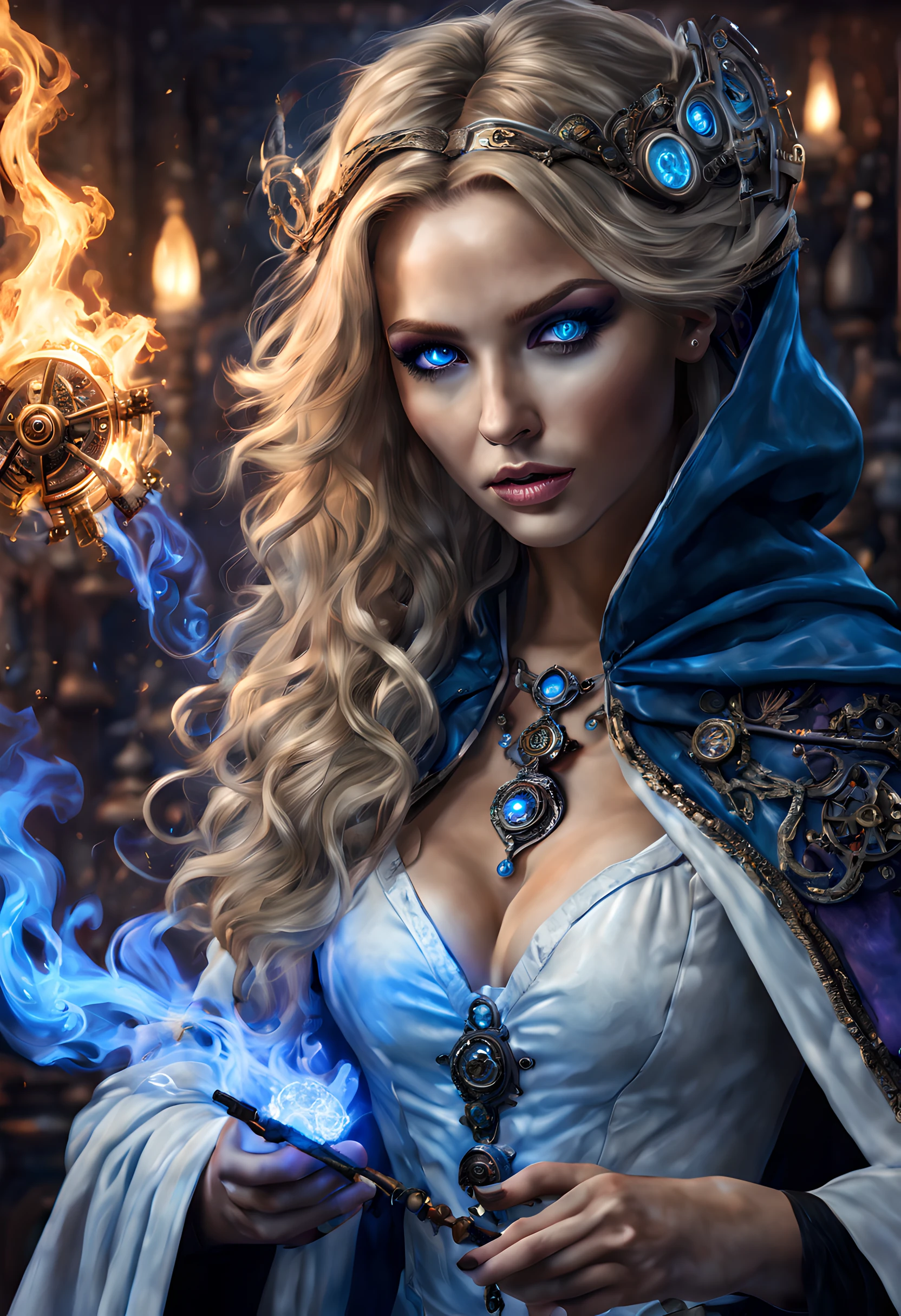 fantasy art, steampunk art, RPG art, photograph, RAW, , Best Detailed, picture of a woman wizard, manipulating magical blue fire, extremely beautiful woman (best Detailed, Masterpiece, Hyperrealistic: 1.5) blond hair, rich hair, wavy hair, dynamic eyes color, wearing black and white dress, wearing (white cloak: 1.2), wearing (pantyhose: 1.2), wearing high heeled boots, laces boots, make up, steampunk laboratory background, ultra best realistic, best details, best quality, 16k, [ultra detailed], masterpiece, best quality, (extremely detailed), ultra wide shot, photorealism, depth of field, hyper realistic painting, GlowingRunes_purple, blue fire