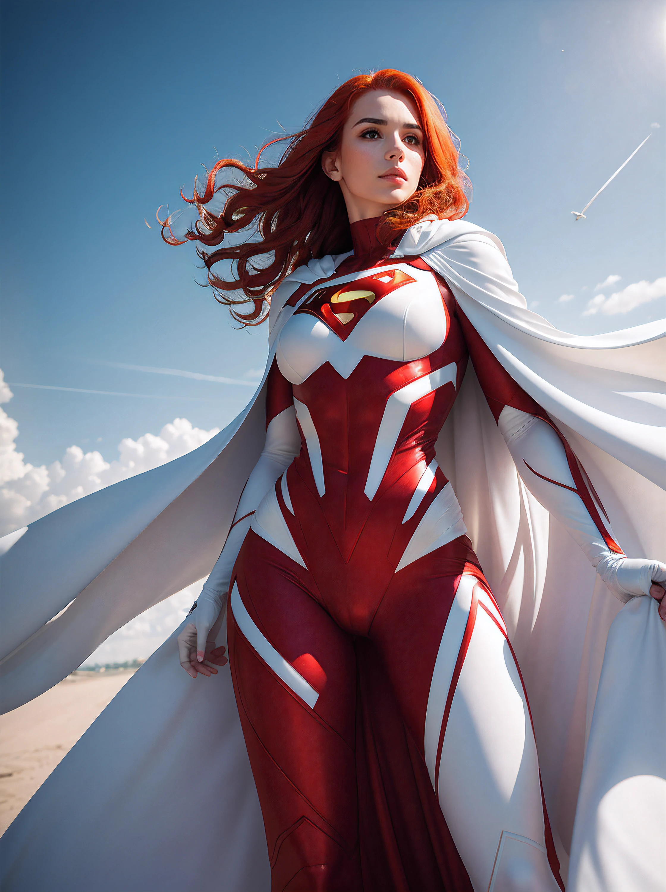 A 25-year-old girl with red hair in an elaborate long-sleeved Superman costume in white, covering the whole body, (dramatic:1.5), white capelet, White Superman Costume, Suit with white carbon fiber details, flying in the sky, (intricate details:0.9), (HDR, hyper-detailing:1.2), (natural skin textures, hyper realisitc, Sharp), Photos in RAW and 35mm format.