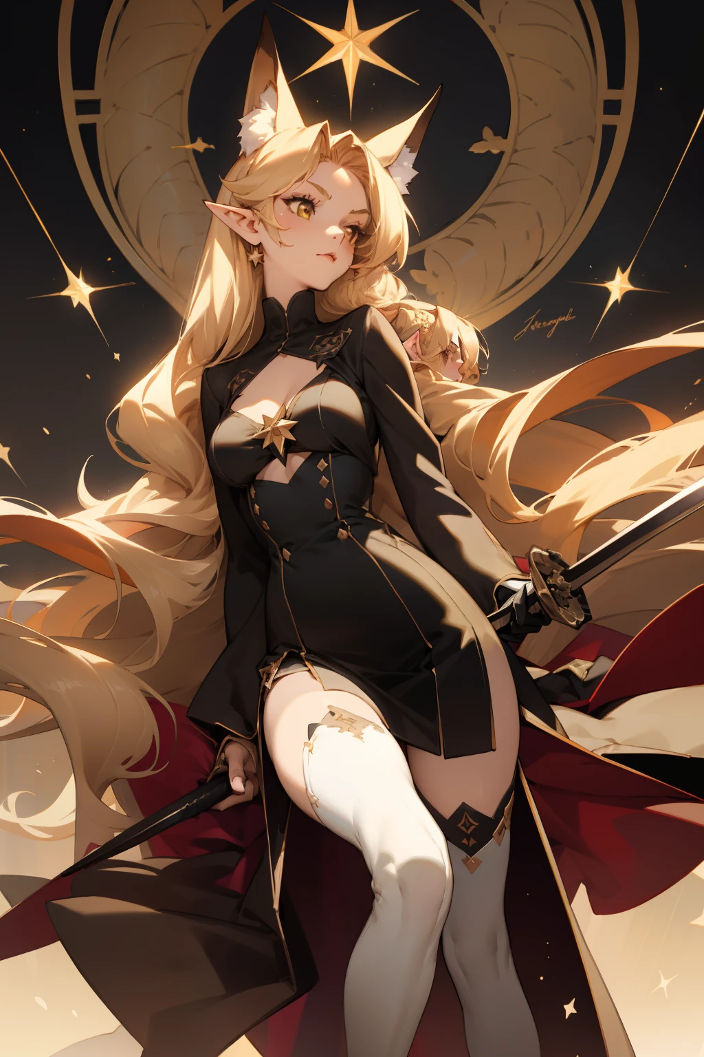 pointy ears,Long beige hair,one-girl,Bigboobs,fox ear,Two legs,Over-the-knee stockings,(middle parted hairstyle),Sideburns have long hair,Star decoration,The sword,Long sword,theater,Phantom of the Opera,frontage,evening formal robes