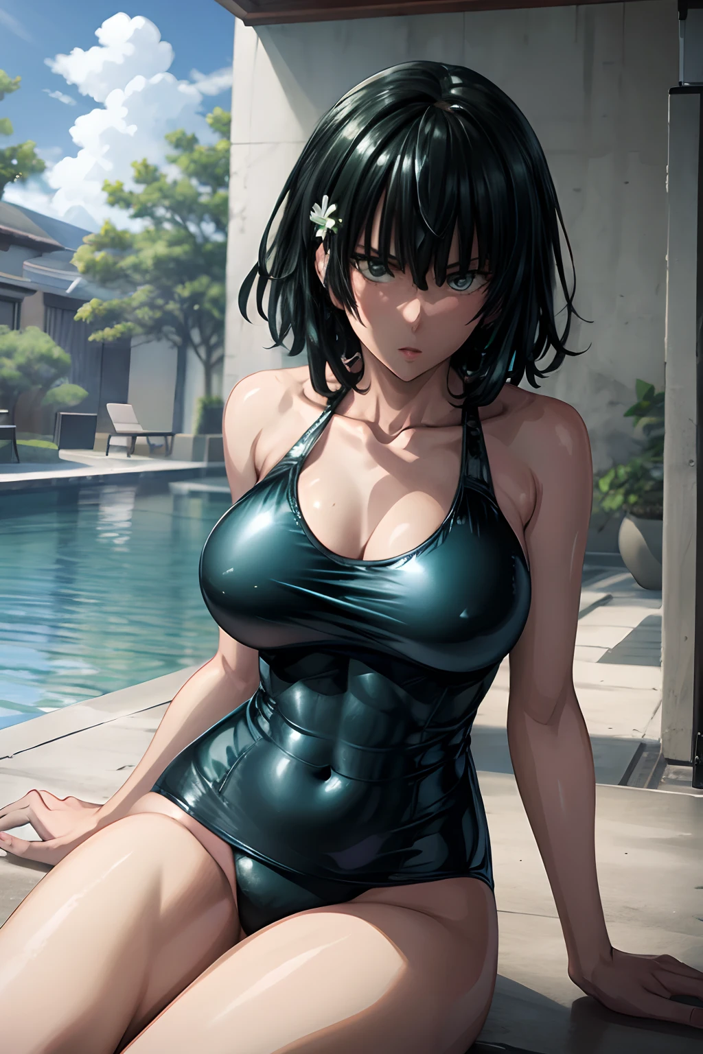 Fubuki in swimsuit, bikini azul con flores, bikini sexy