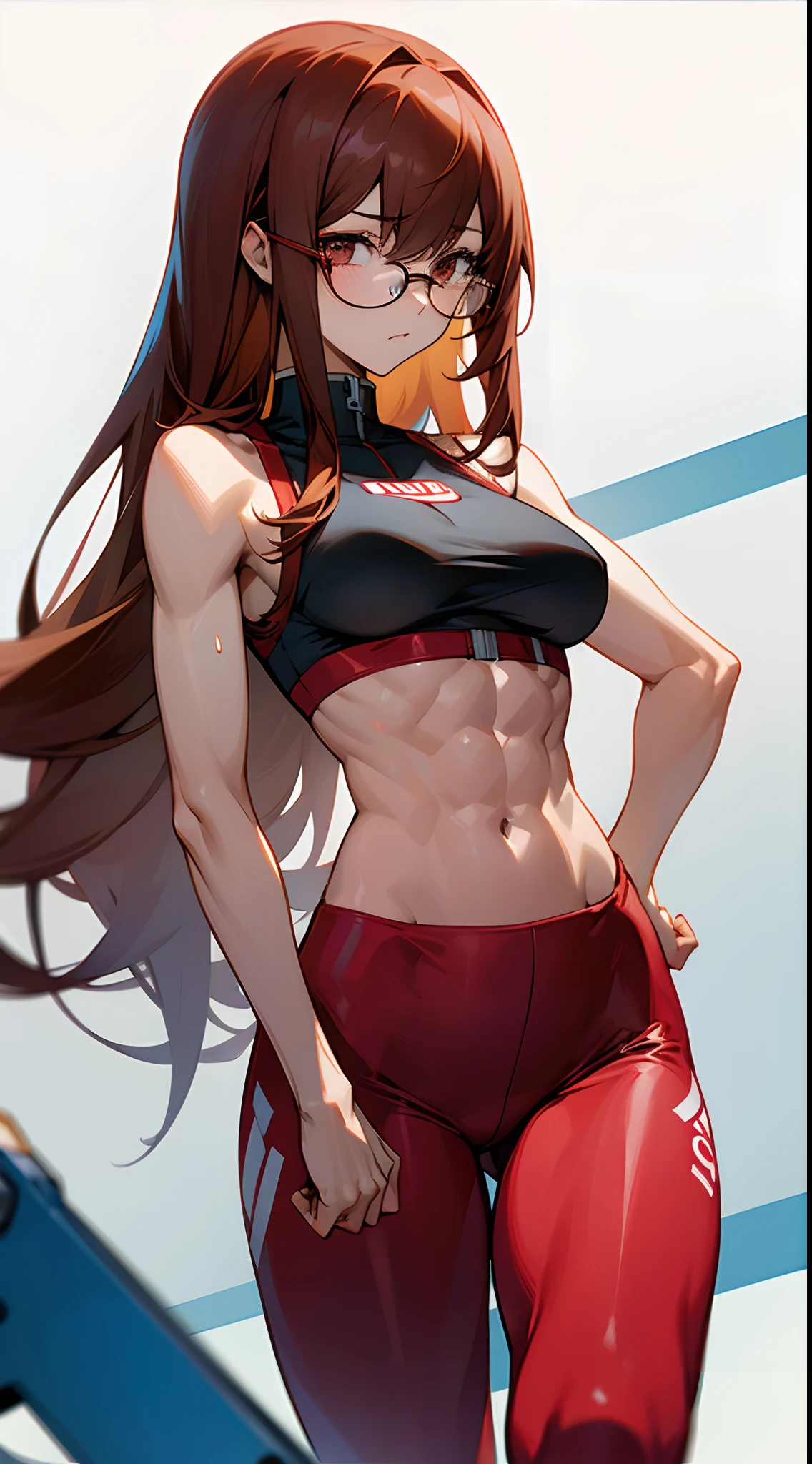 Kurisu Makise, six pack abs, muscle arms, sport bra, sport leggins, glasses